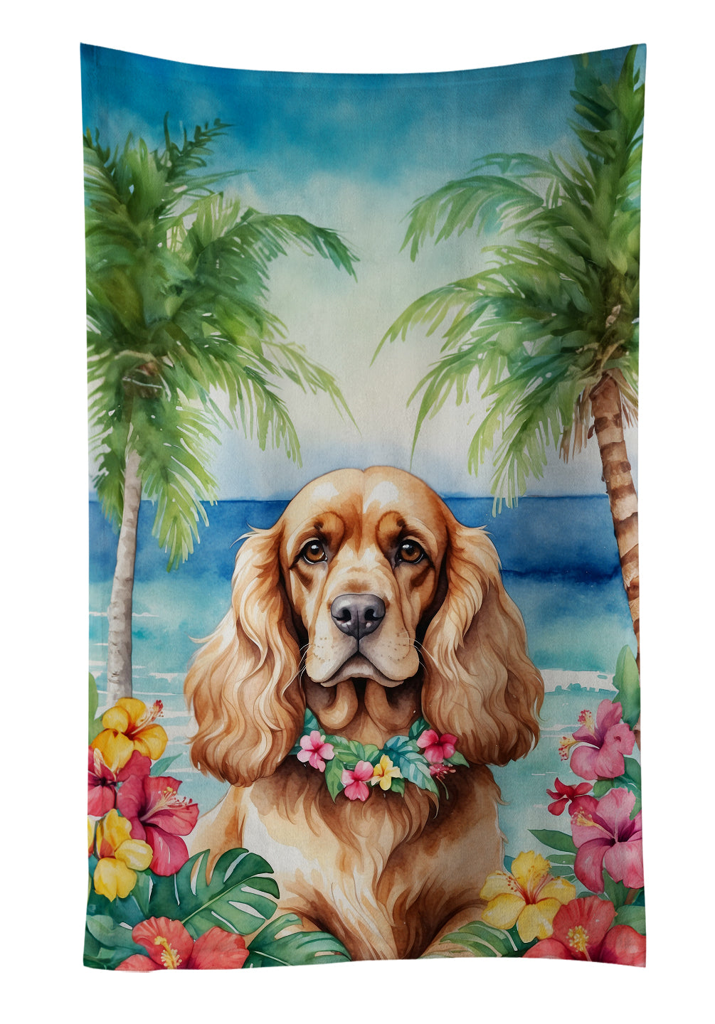 Cocker Spaniel Luau Kitchen Towel Velour Plush Front and Cotton Loop Back Machine Washable