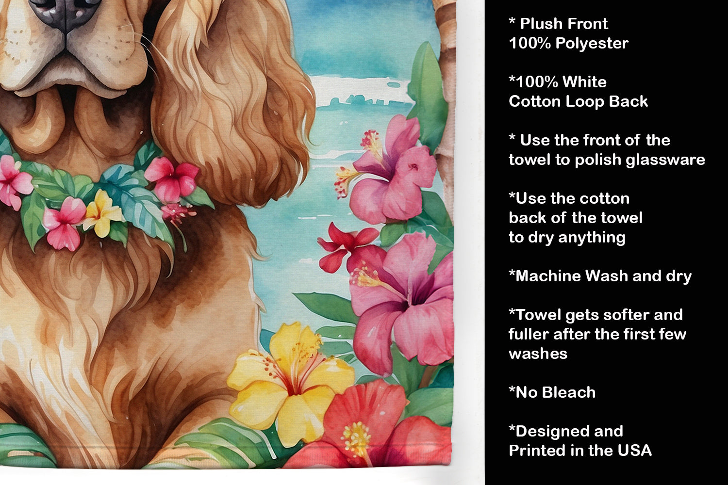 Cocker Spaniel Luau Kitchen Towel Velour Plush Front and Cotton Loop Back Machine Washable