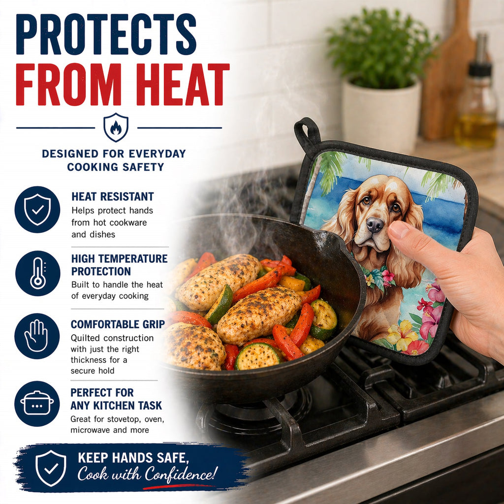 Cocker Spaniel Luau Pot Holder Set of 2 Heat Resistant Quilted Hot Pads 7.5 x 7.5 Inch, Insulated Kitchen Trivets for Cooking & Baking