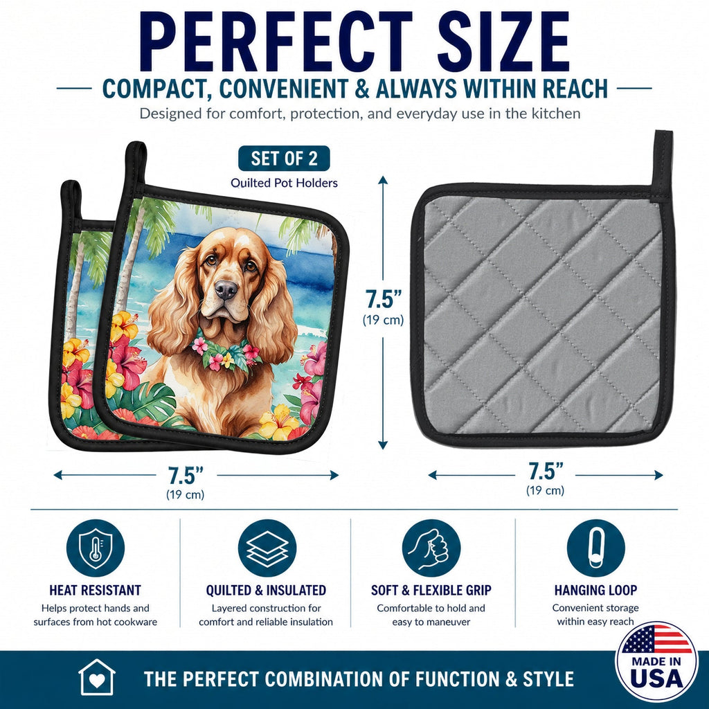 Cocker Spaniel Luau Pot Holder Set of 2 Heat Resistant Quilted Hot Pads 7.5 x 7.5 Inch, Insulated Kitchen Trivets for Cooking & Baking