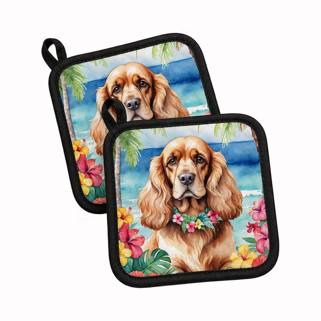 Cocker Spaniel Luau Pot Holder Set of 2 Heat Resistant Quilted Hot Pads 7.5 x 7.5 Inch, Insulated Kitchen Trivets for Cooking & Baking