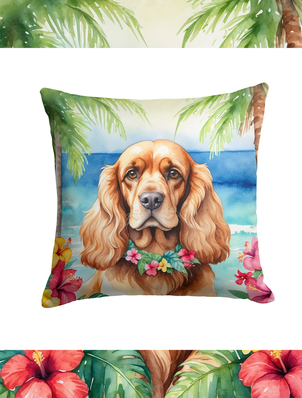 Cocker Spaniel Luau Decorative Throw Pillow 14x14 Indoor Outdoor Accent Cushion, Fabric Cover with Insert for Sofa, Bed, Porch & Living Room