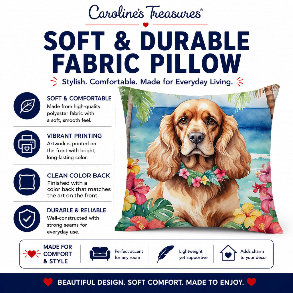Cocker Spaniel Luau Decorative Throw Pillow 14x14 Indoor Outdoor Accent Cushion, Fabric Cover with Insert for Sofa, Bed, Porch & Living Room