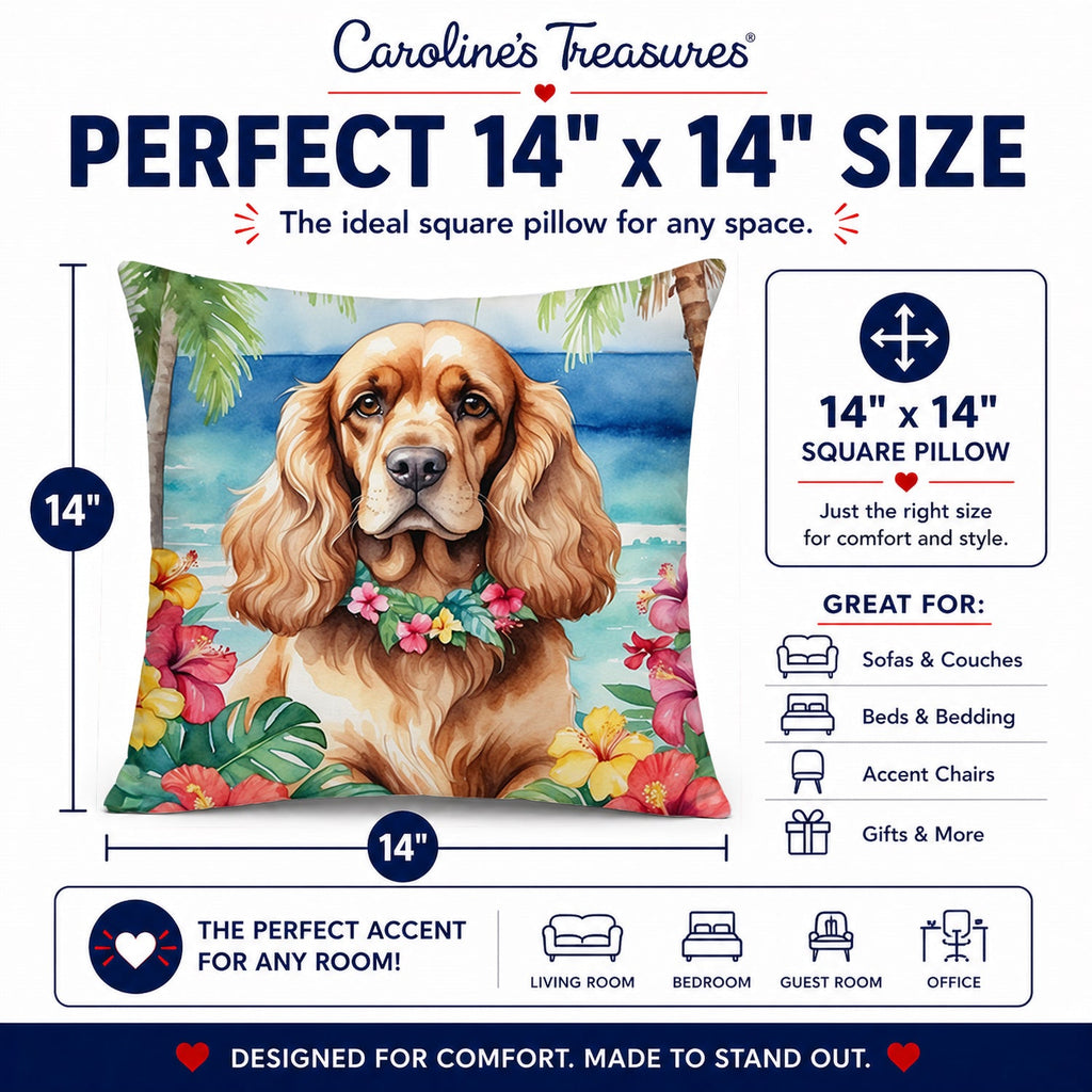 Cocker Spaniel Luau Decorative Throw Pillow 14x14 Indoor Outdoor Accent Cushion, Fabric Cover with Insert for Sofa, Bed, Porch & Living Room