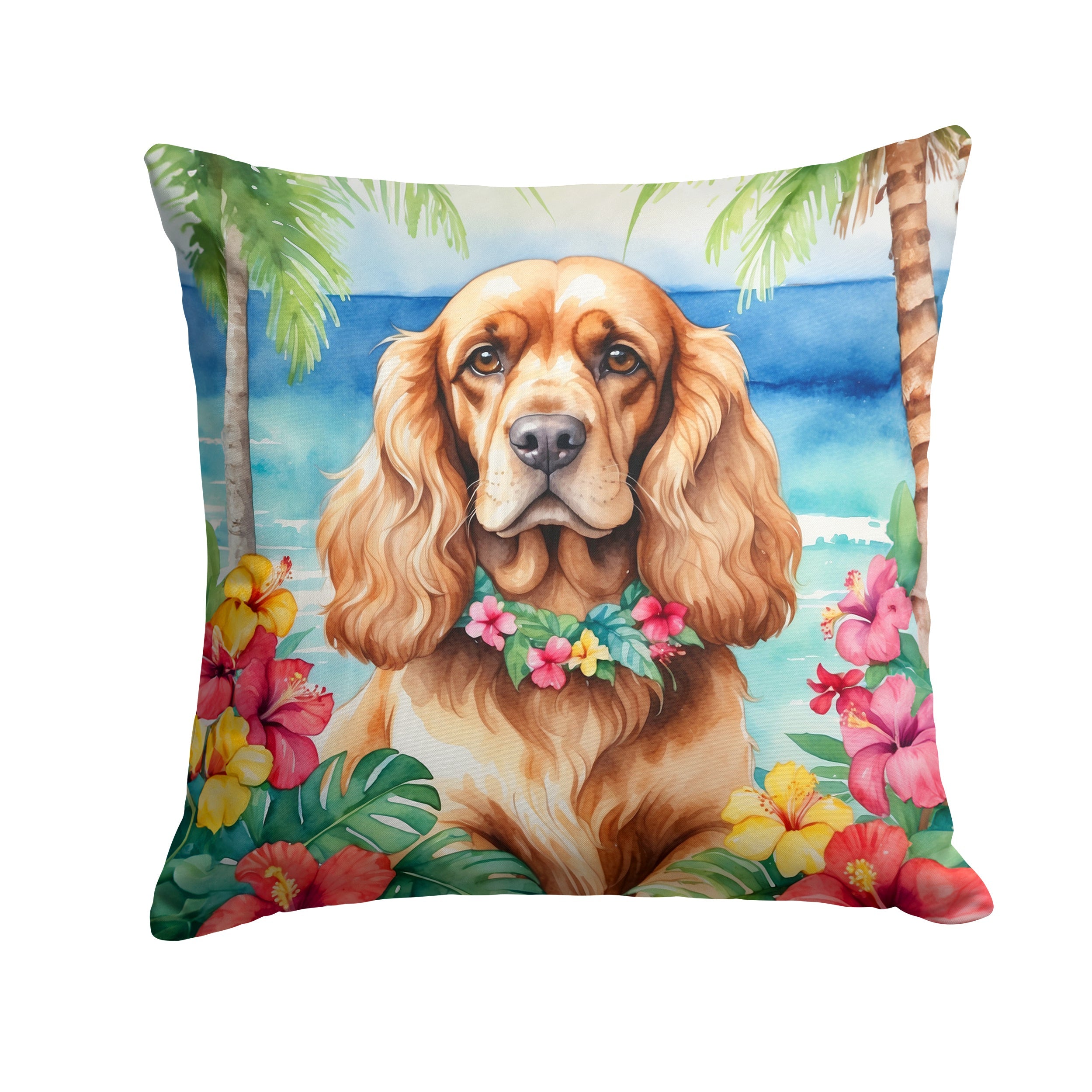 Cocker Spaniel Luau Decorative Throw Pillow 18x18 Indoor Outdoor Accent Cushion, Fabric Cover with Insert for Sofa, Bed, Porch & Living Room