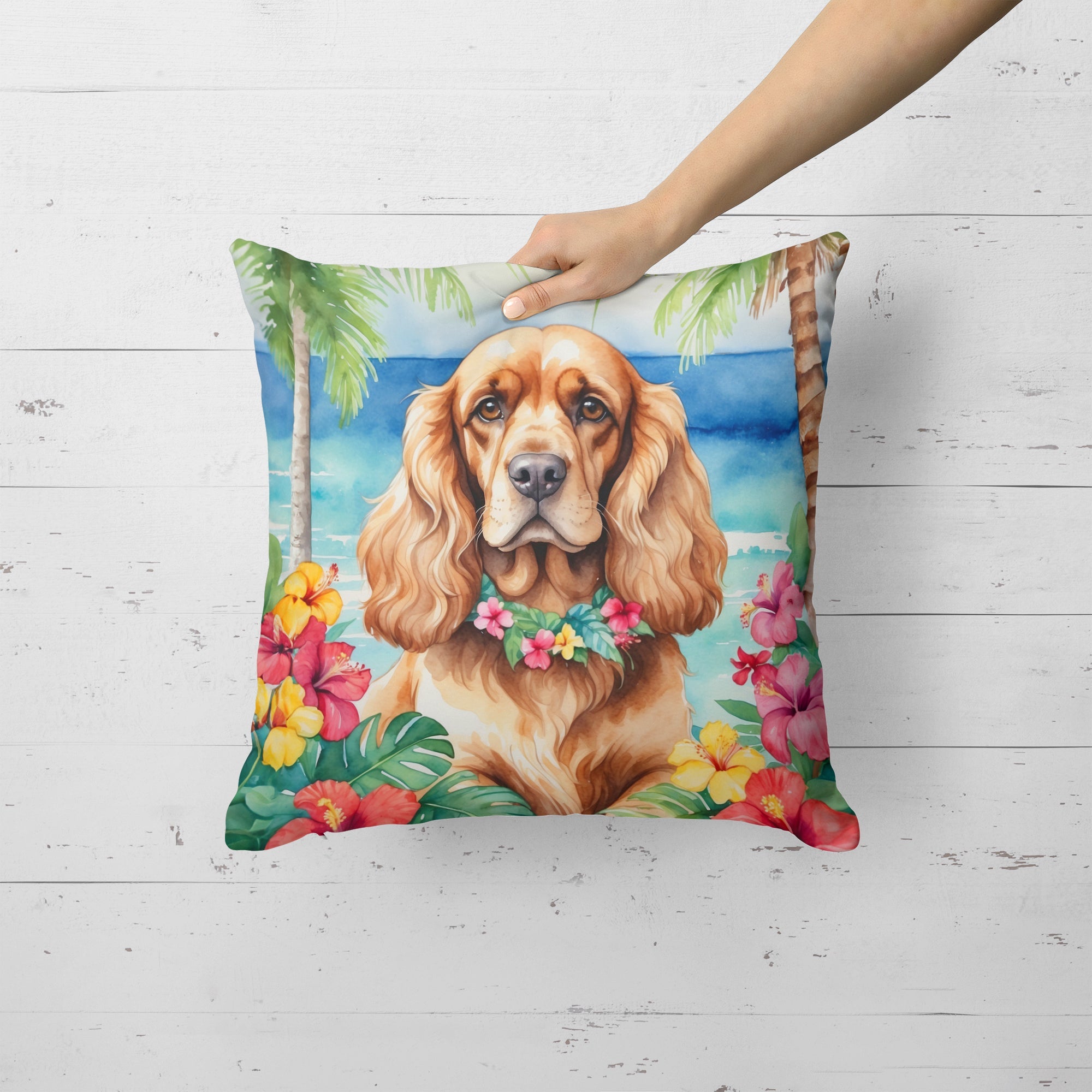 Cocker Spaniel Luau Decorative Throw Pillow 18x18 Indoor Outdoor Accent Cushion, Fabric Cover with Insert for Sofa, Bed, Porch & Living Room