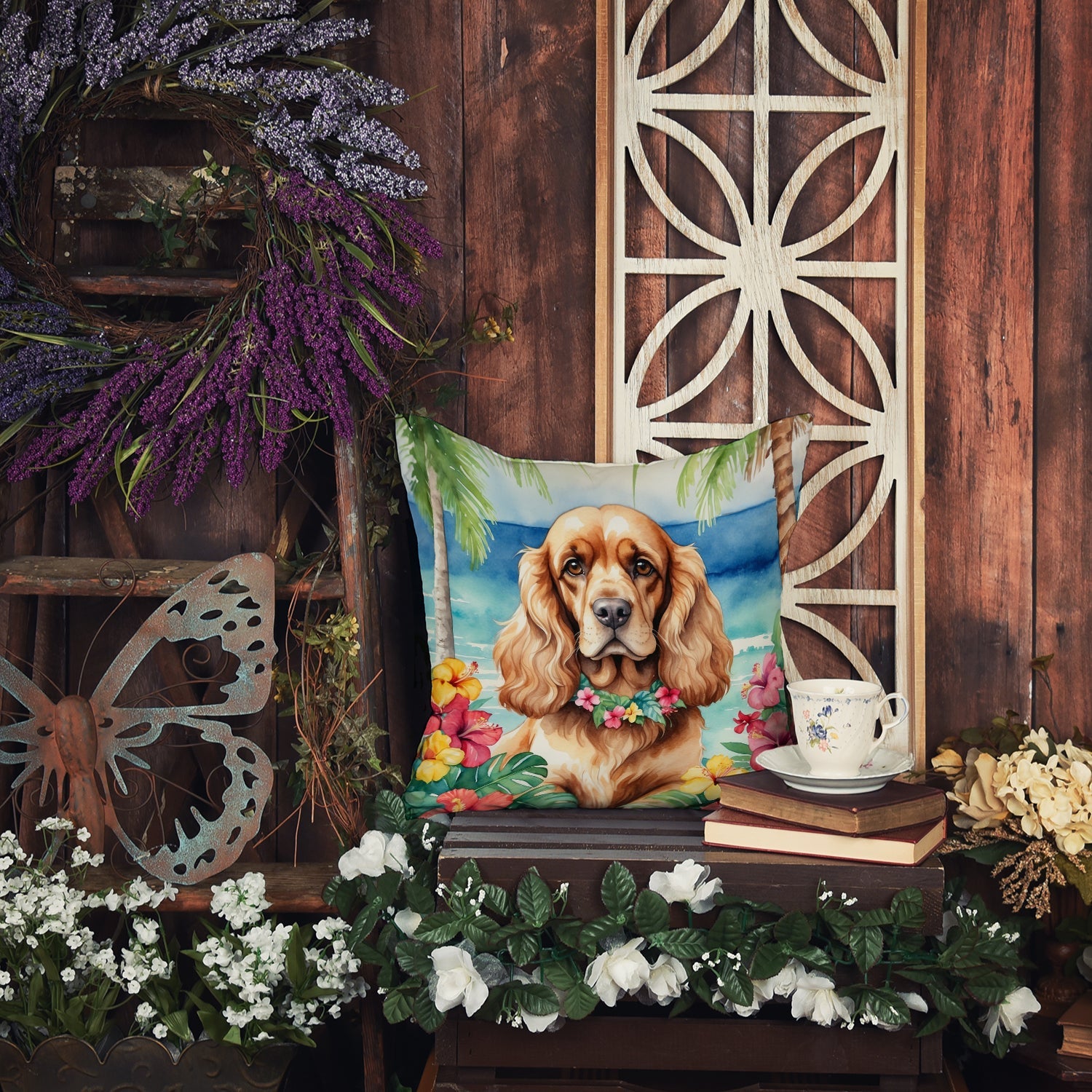 Cocker Spaniel Luau Decorative Throw Pillow 18x18 Indoor Outdoor Accent Cushion, Fabric Cover with Insert for Sofa, Bed, Porch & Living Room