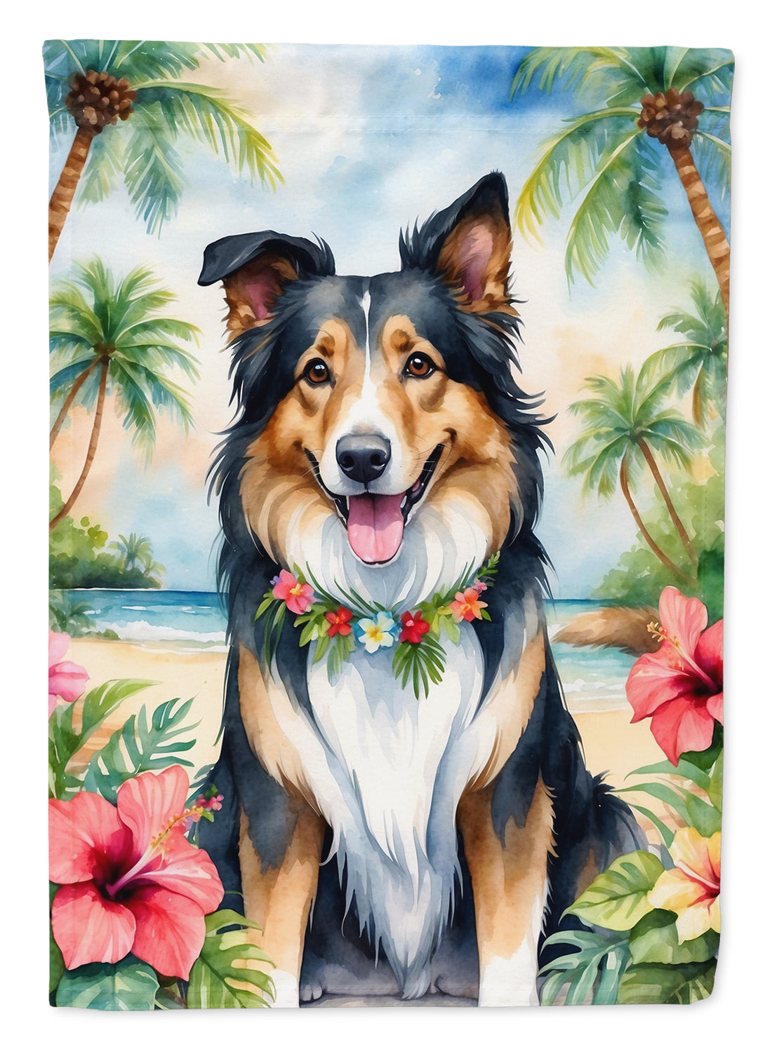 Collie Luau House Flag 28x40 Porch Sleeve Pole Decorative Outside Yard Banner Artwork Wall Hanging, Polyester