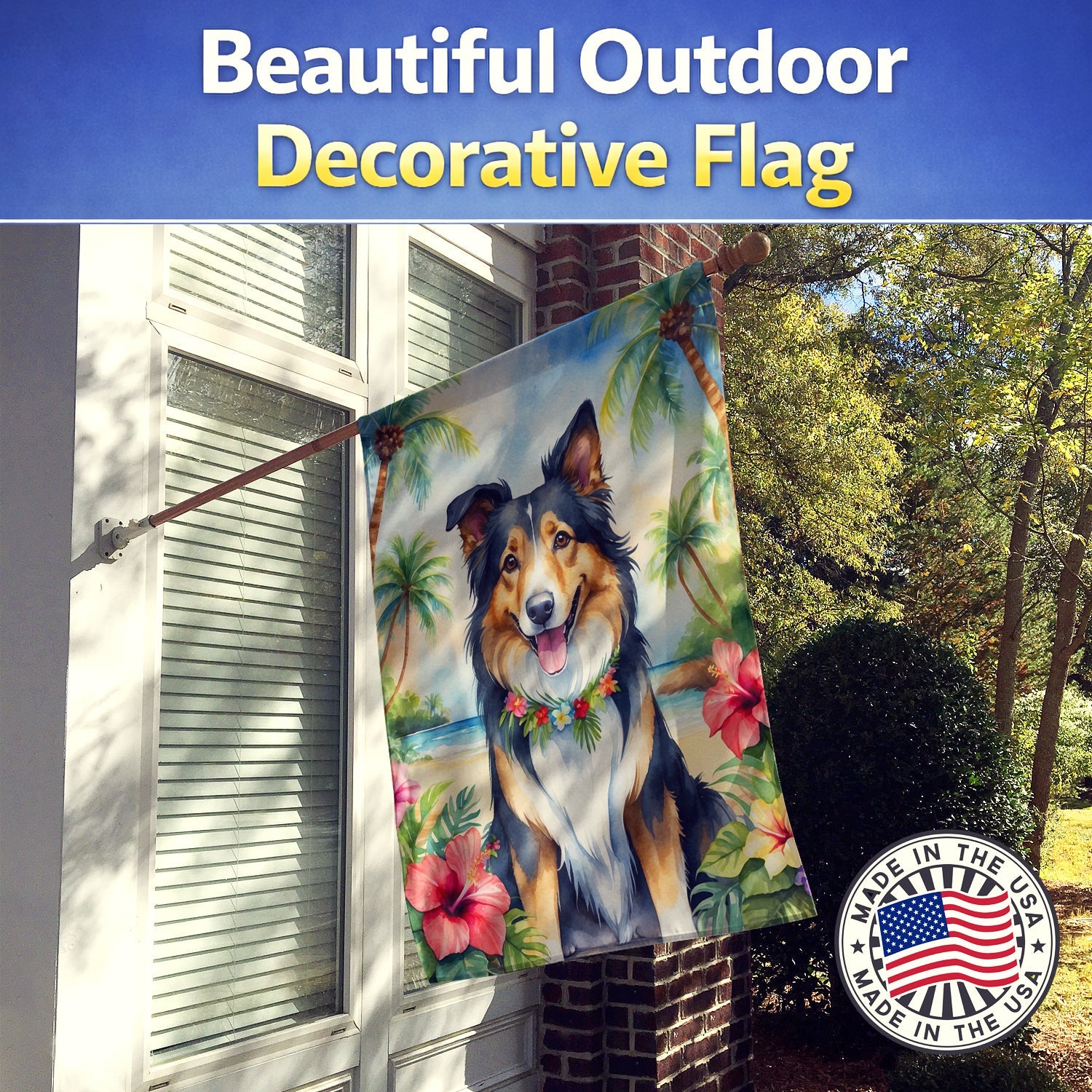 Collie Luau House Flag 28x40 Porch Sleeve Pole Decorative Outside Yard Banner Artwork Wall Hanging, Polyester