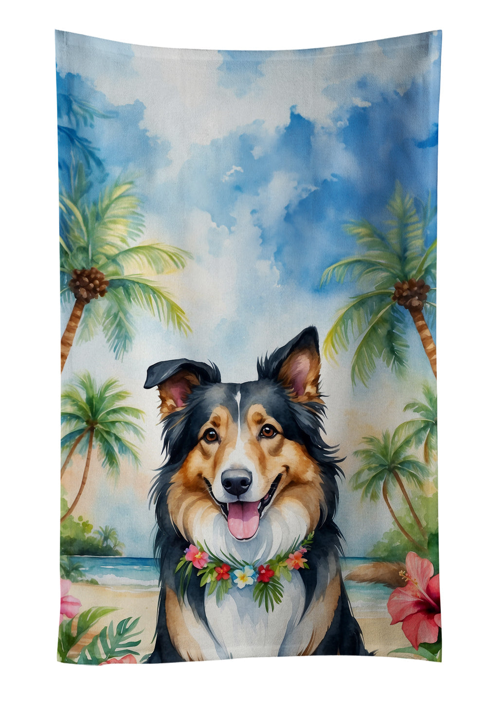 Collie Luau Kitchen Towel Velour Plush Front and Cotton Loop Back Machine Washable