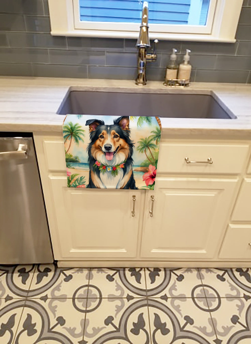 Collie Luau Kitchen Towel Velour Plush Front and Cotton Loop Back Machine Washable