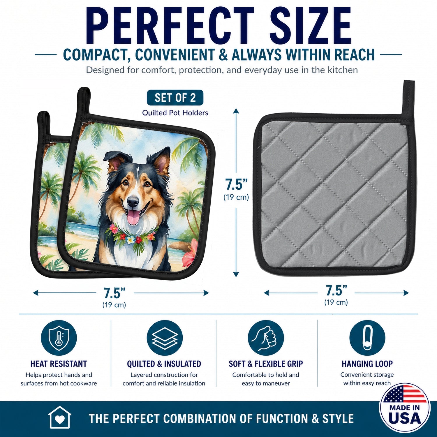 Collie Luau Pot Holder Set of 2 Heat Resistant Quilted Hot Pads 7.5 x 7.5 Inch, Insulated Kitchen Trivets for Cooking & Baking