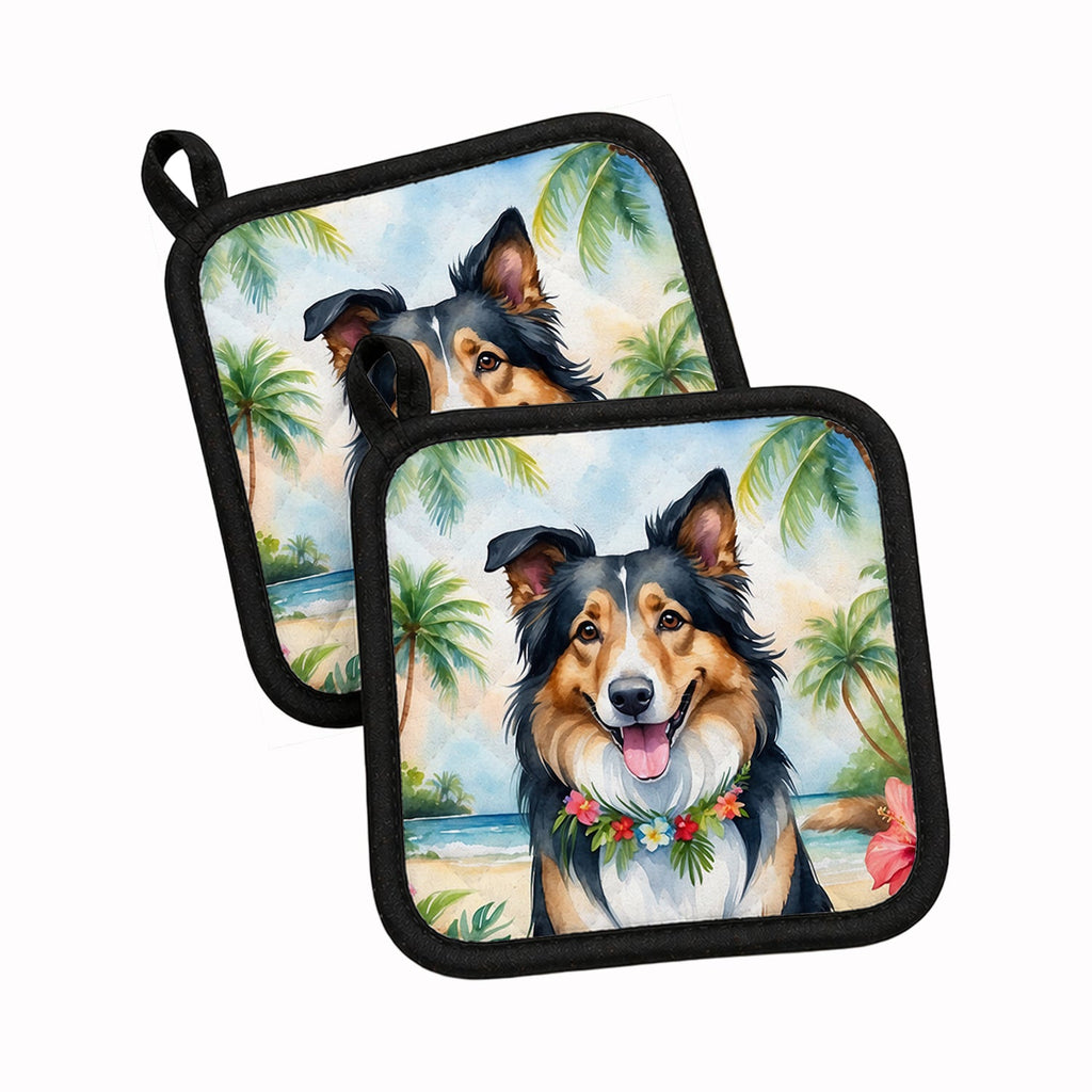 Collie Luau Pot Holder Set of 2 Heat Resistant Quilted Hot Pads 7.5 x 7.5 Inch, Insulated Kitchen Trivets for Cooking & Baking