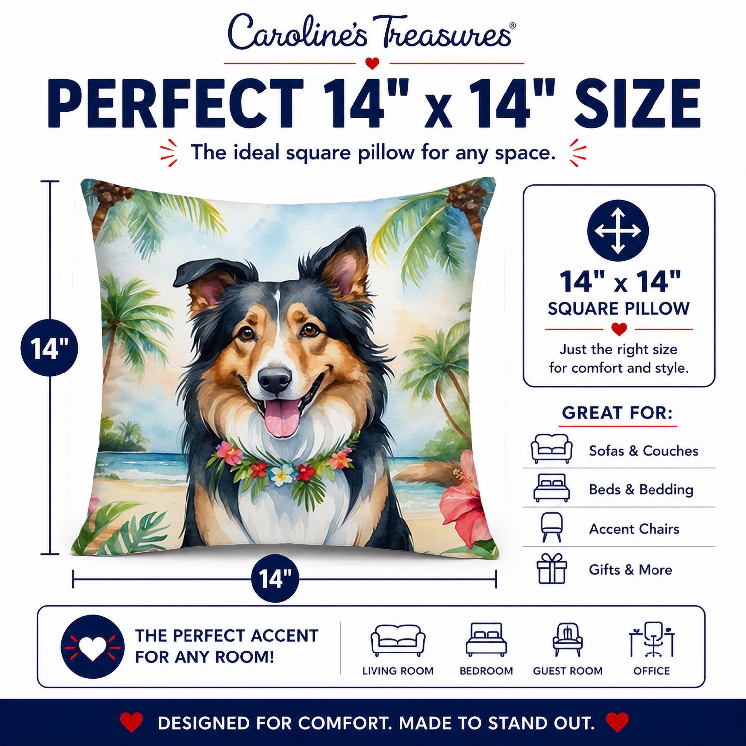 Collie Luau Decorative Throw Pillow 14x14 Indoor Outdoor Accent Cushion, Fabric Cover with Insert for Sofa, Bed, Porch & Living Room
