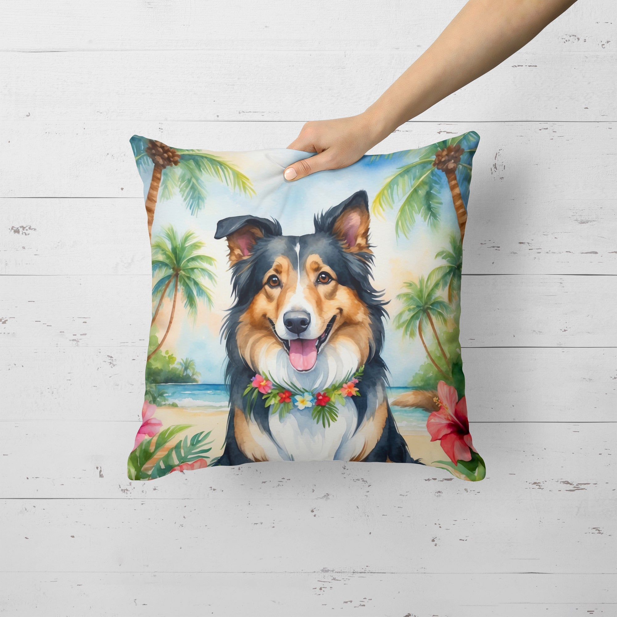 Collie Luau Decorative Throw Pillow 18x18 Indoor Outdoor Accent Cushion, Fabric Cover with Insert for Sofa, Bed, Porch & Living Room