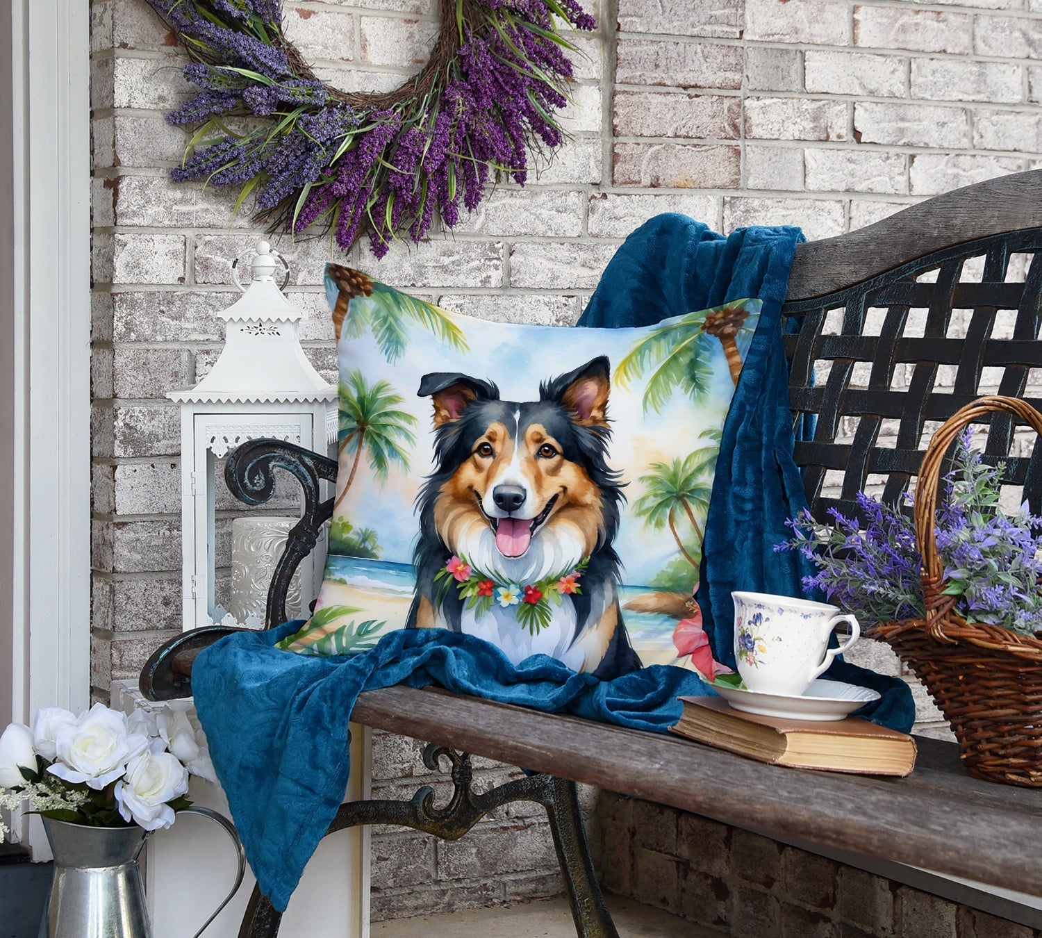 Collie Luau Decorative Throw Pillow 18x18 Indoor Outdoor Accent Cushion, Fabric Cover with Insert for Sofa, Bed, Porch & Living Room