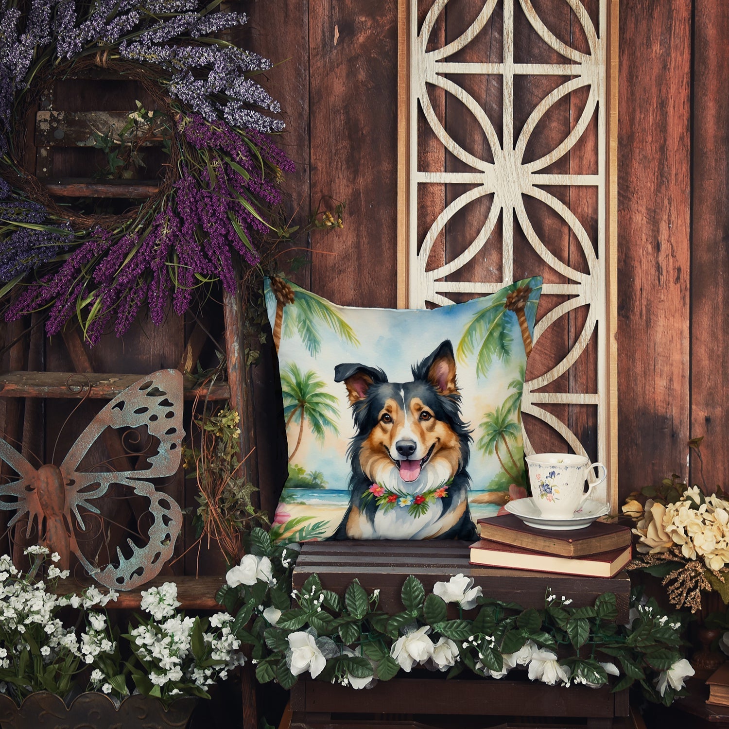 Collie Luau Decorative Throw Pillow 18x18 Indoor Outdoor Accent Cushion, Fabric Cover with Insert for Sofa, Bed, Porch & Living Room