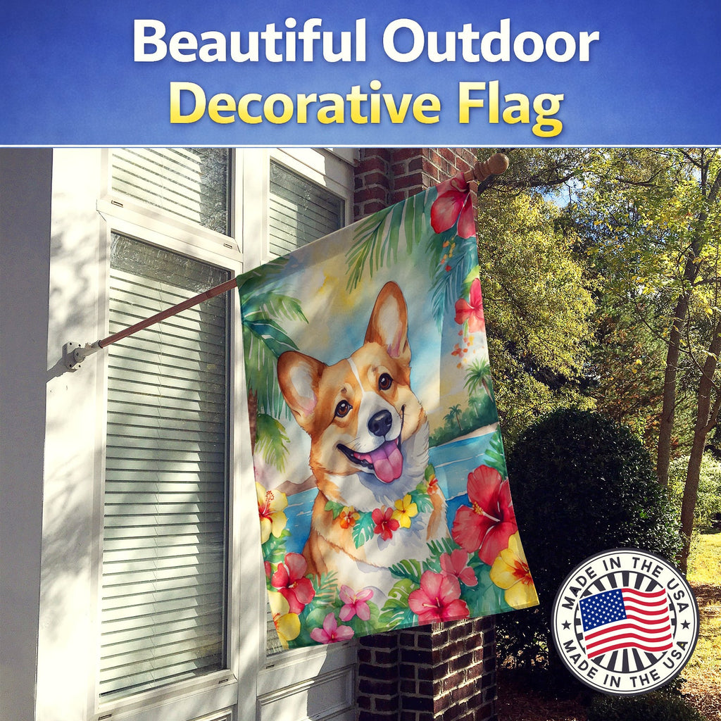 Corgi Luau House Flag 28x40 Porch Sleeve Pole Decorative Outside Yard Banner Artwork Wall Hanging, Polyester