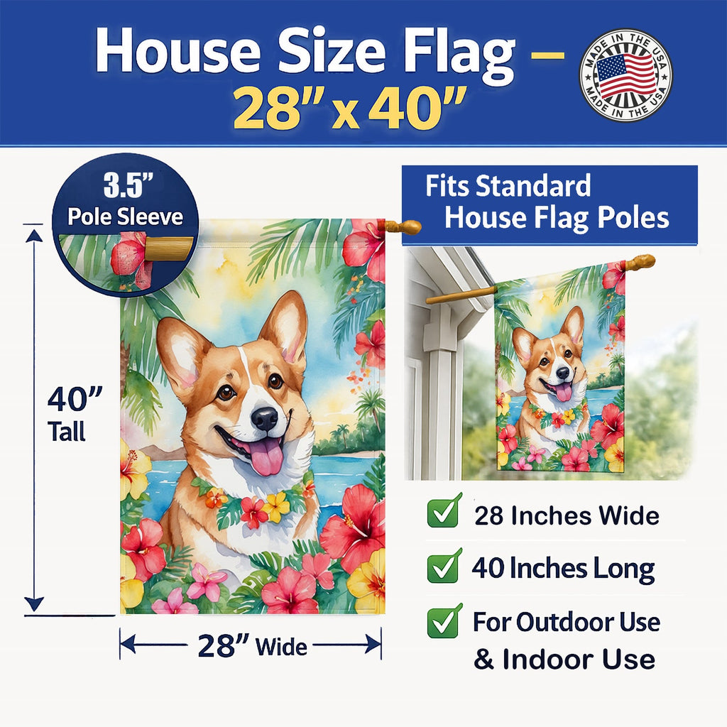 Corgi Luau House Flag 28x40 Porch Sleeve Pole Decorative Outside Yard Banner Artwork Wall Hanging, Polyester