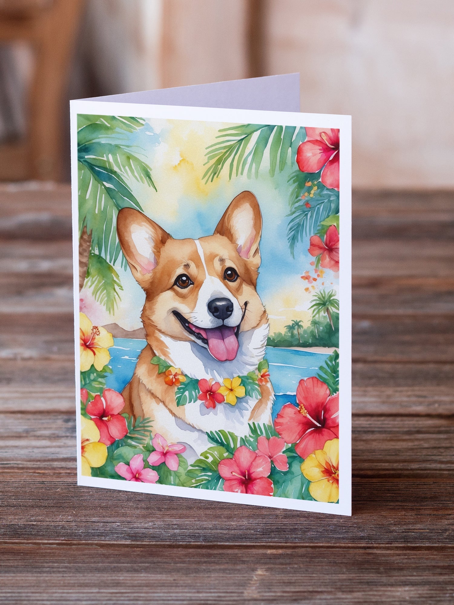 Corgi Luau Greeting Cards Pack of 8 Blank Cards with Envelopes Whimsical A7 Size 5x7