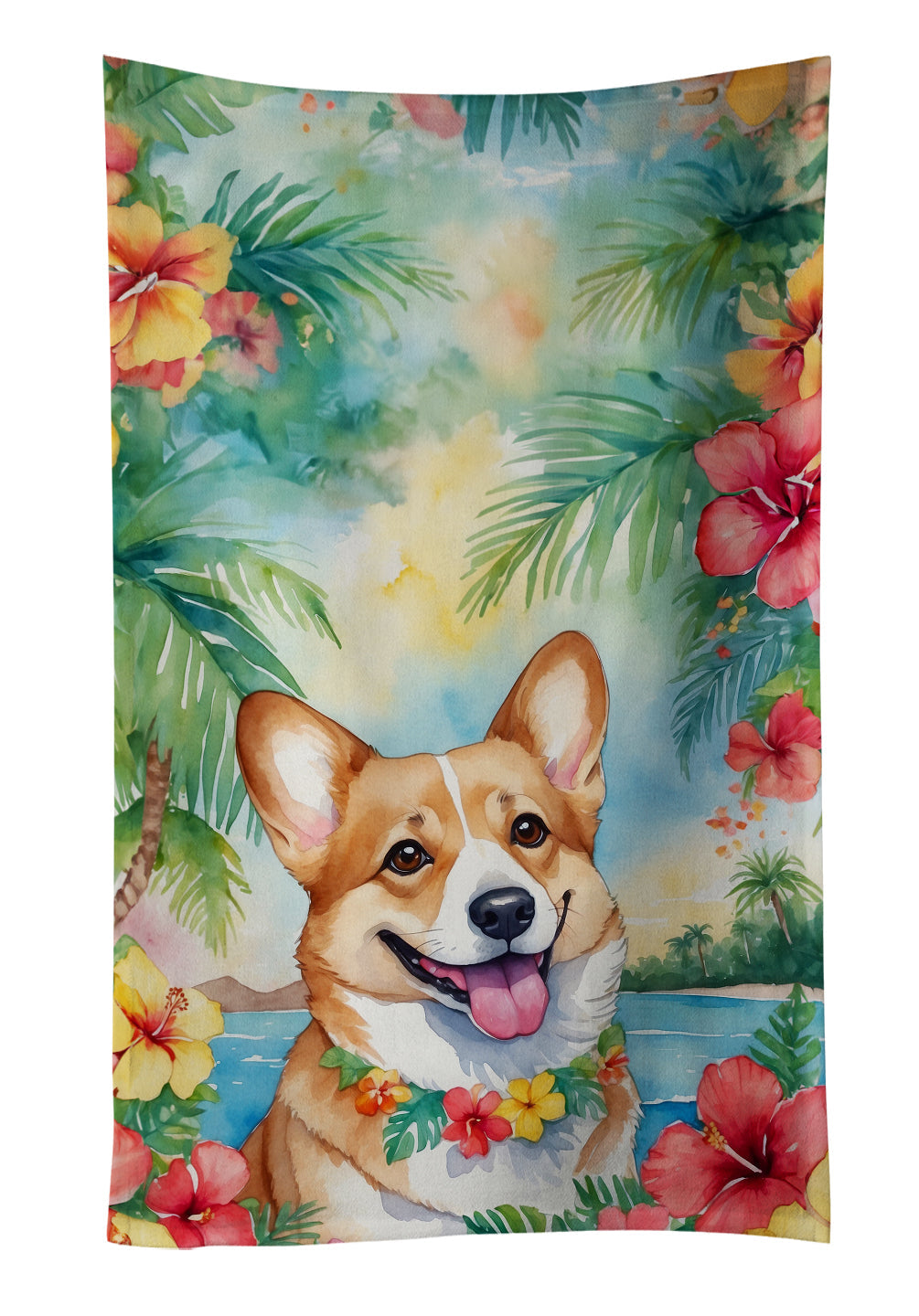 Corgi Luau Kitchen Towel Velour Plush Front and Cotton Loop Back Machine Washable