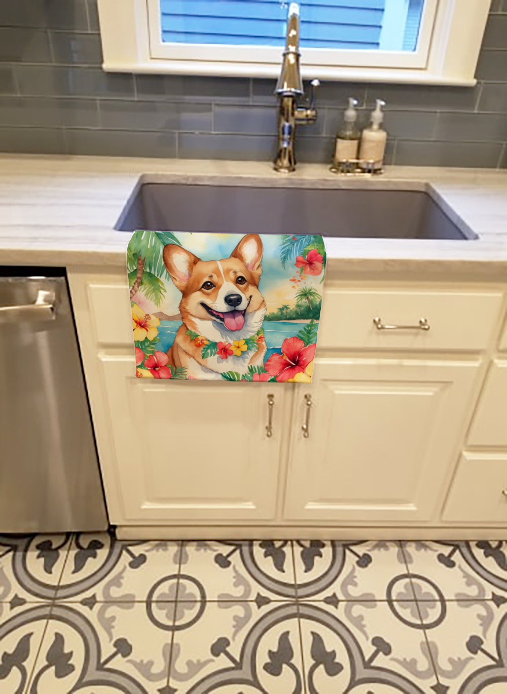 Corgi Luau Kitchen Towel Velour Plush Front and Cotton Loop Back Machine Washable