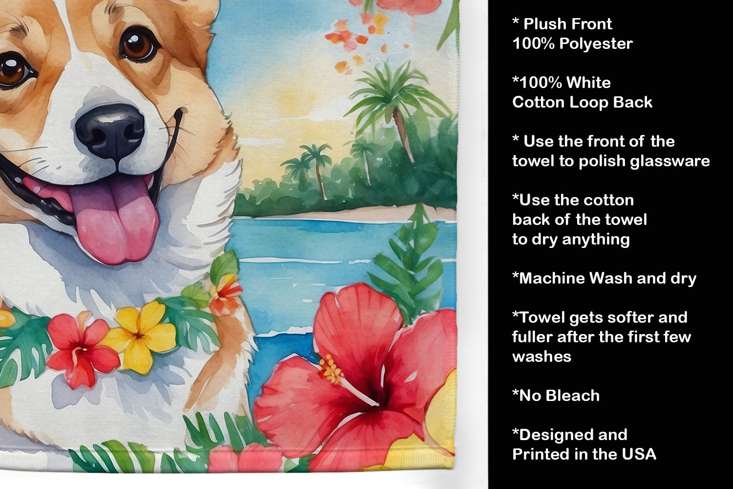 Corgi Luau Kitchen Towel Velour Plush Front and Cotton Loop Back Machine Washable