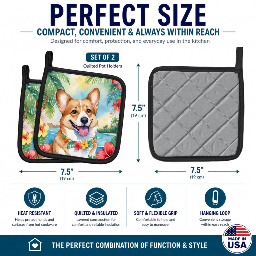 Corgi Luau Pot Holder Set of 2 Heat Resistant Quilted Hot Pads 7.5 x 7.5 Inch, Insulated Kitchen Trivets for Cooking & Baking