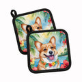 Corgi Luau Pot Holder Set of 2 Heat Resistant Quilted Hot Pads 7.5 x 7.5 Inch, Insulated Kitchen Trivets for Cooking & Baking