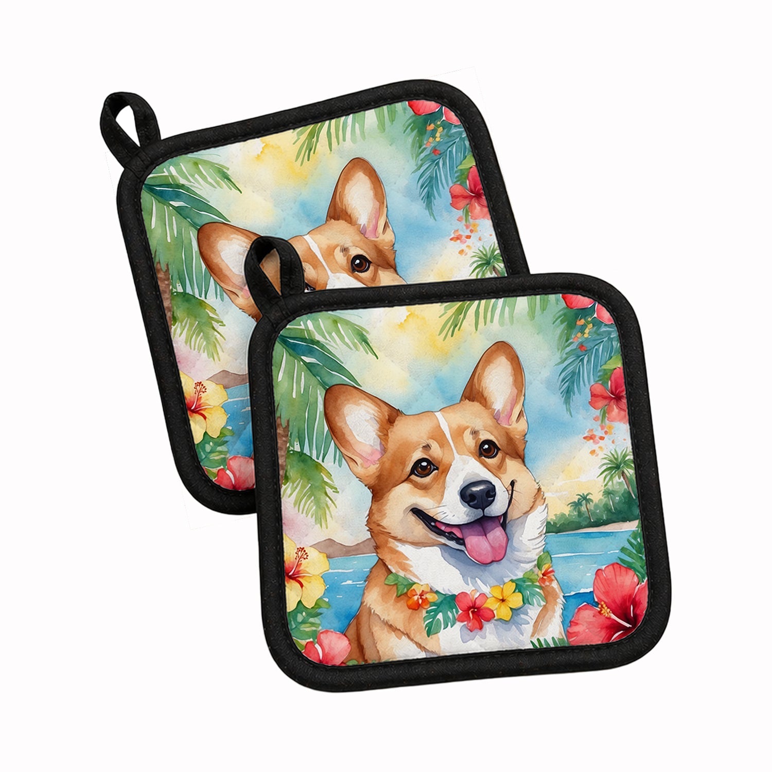 Corgi Luau Pot Holder Set of 2 Heat Resistant Quilted Hot Pads 7.5 x 7.5 Inch, Insulated Kitchen Trivets for Cooking & Baking