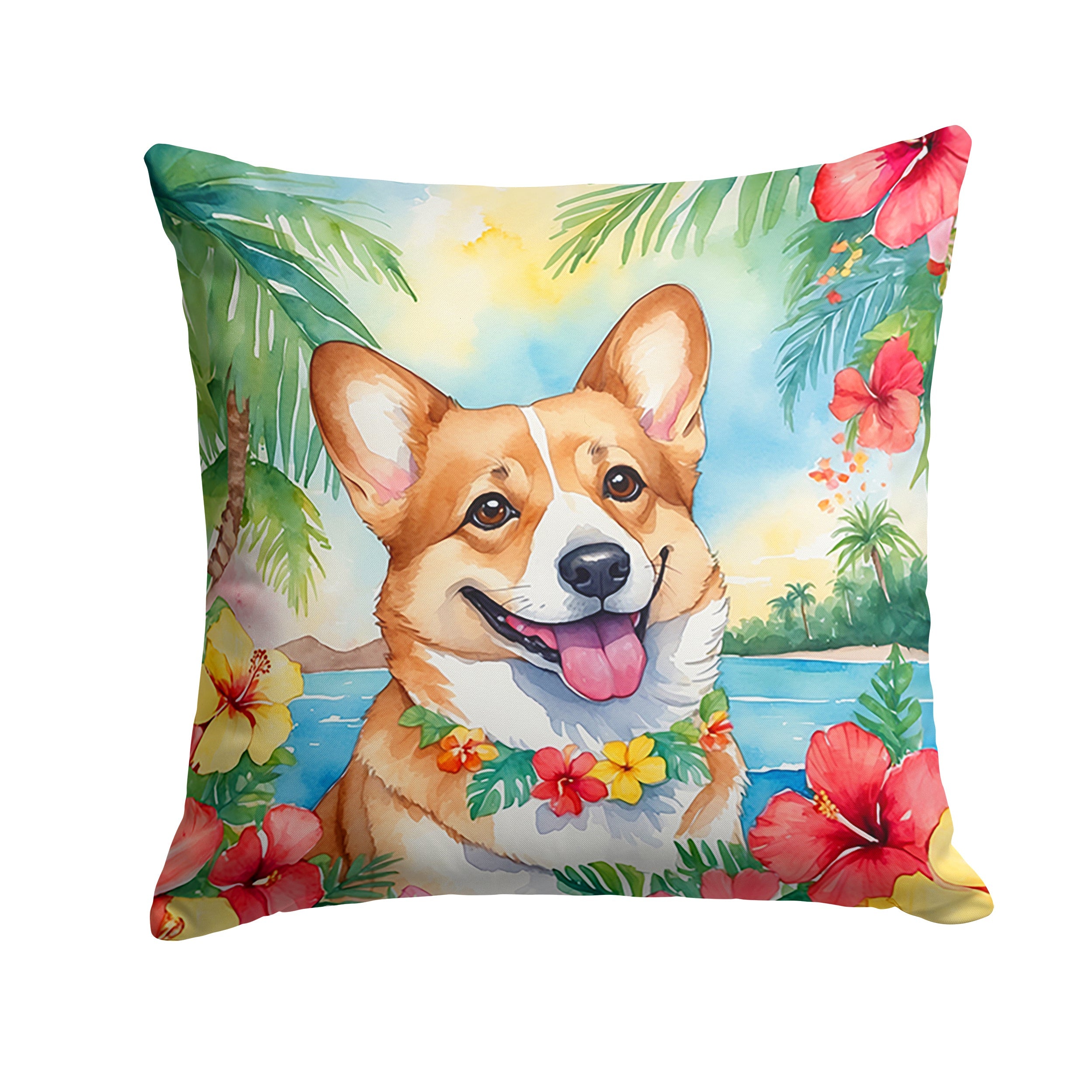 Corgi Luau Decorative Throw Pillow 14x14 Indoor Outdoor Accent Cushion, Fabric Cover with Insert for Sofa, Bed, Porch & Living Room