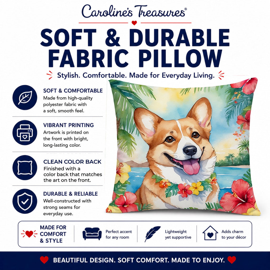 Corgi Luau Decorative Throw Pillow 14x14 Indoor Outdoor Accent Cushion, Fabric Cover with Insert for Sofa, Bed, Porch & Living Room
