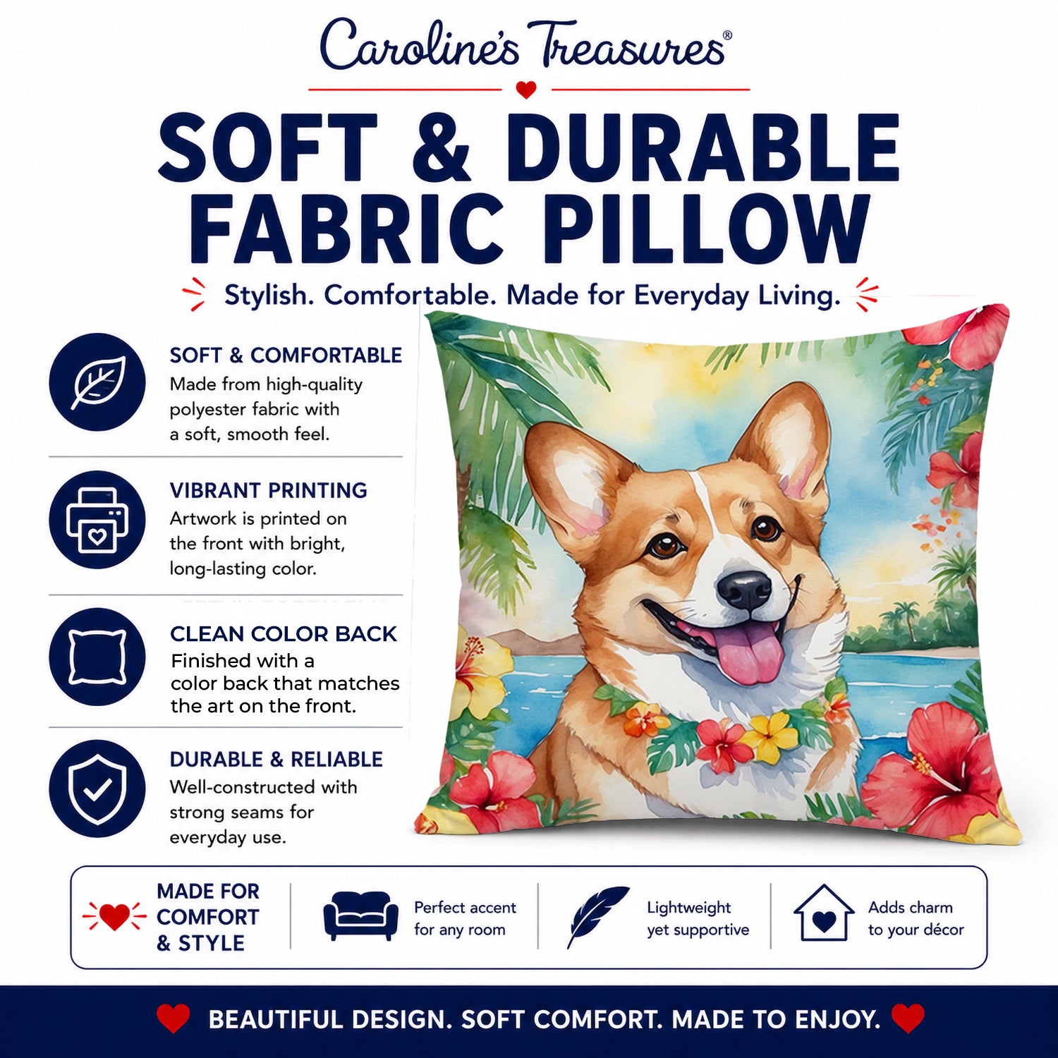 Corgi Luau Decorative Throw Pillow 14x14 Indoor Outdoor Accent Cushion, Fabric Cover with Insert for Sofa, Bed, Porch & Living Room