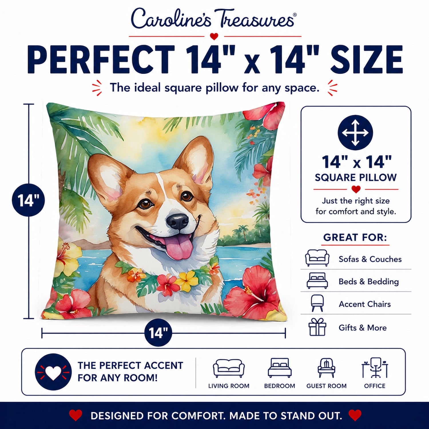 Corgi Luau Decorative Throw Pillow 14x14 Indoor Outdoor Accent Cushion, Fabric Cover with Insert for Sofa, Bed, Porch & Living Room