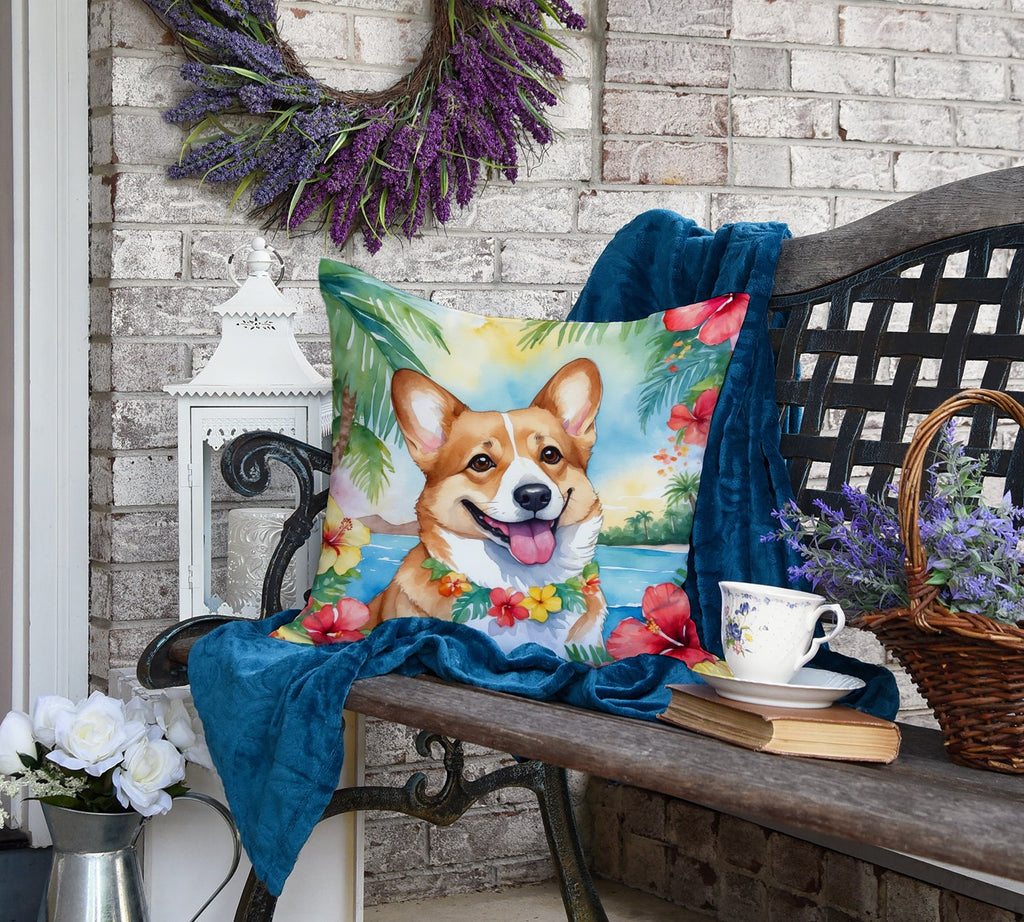 Corgi Luau Decorative Throw Pillow 18x18 Indoor Outdoor Accent Cushion, Fabric Cover with Insert for Sofa, Bed, Porch & Living Room