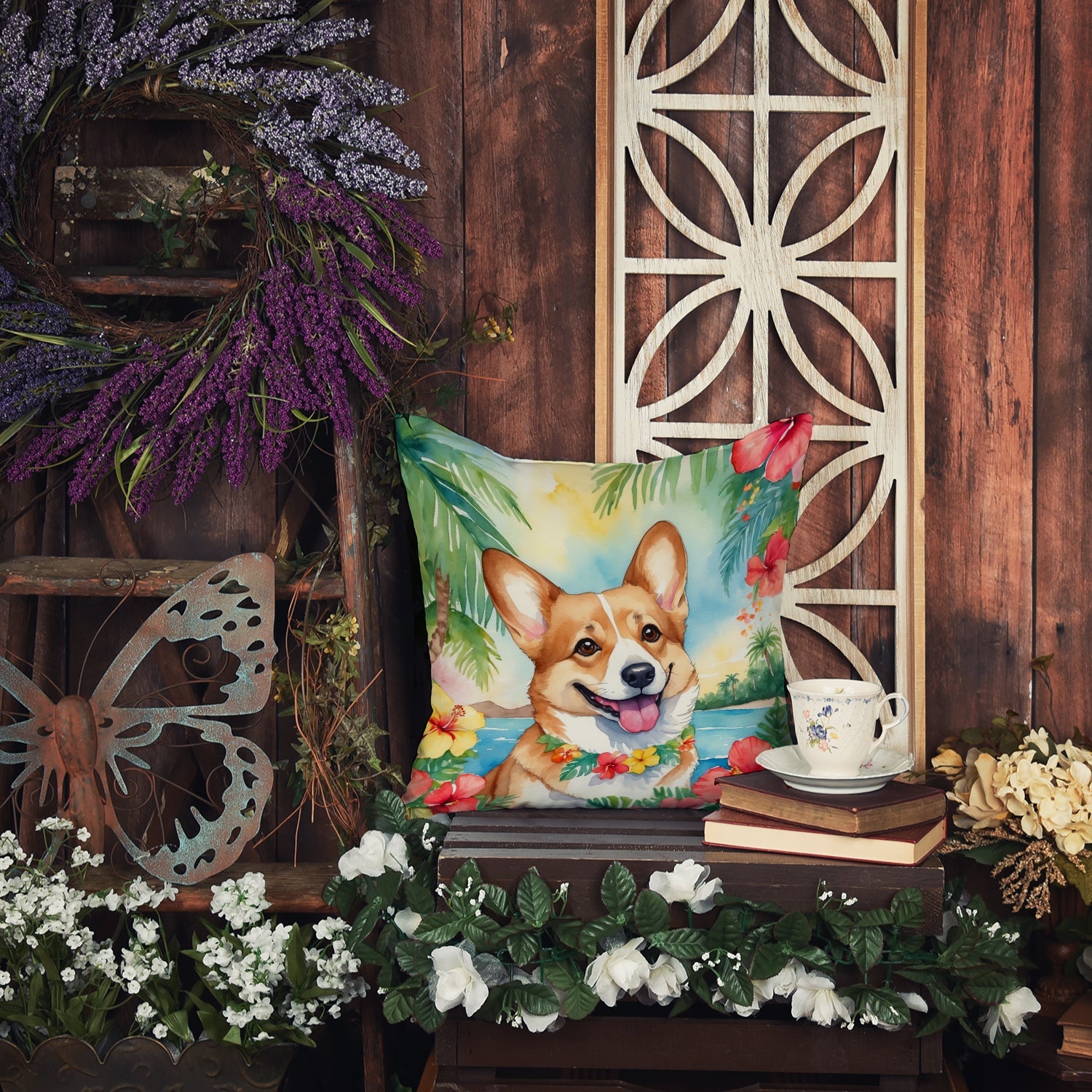 Corgi Luau Decorative Throw Pillow 18x18 Indoor Outdoor Accent Cushion, Fabric Cover with Insert for Sofa, Bed, Porch & Living Room