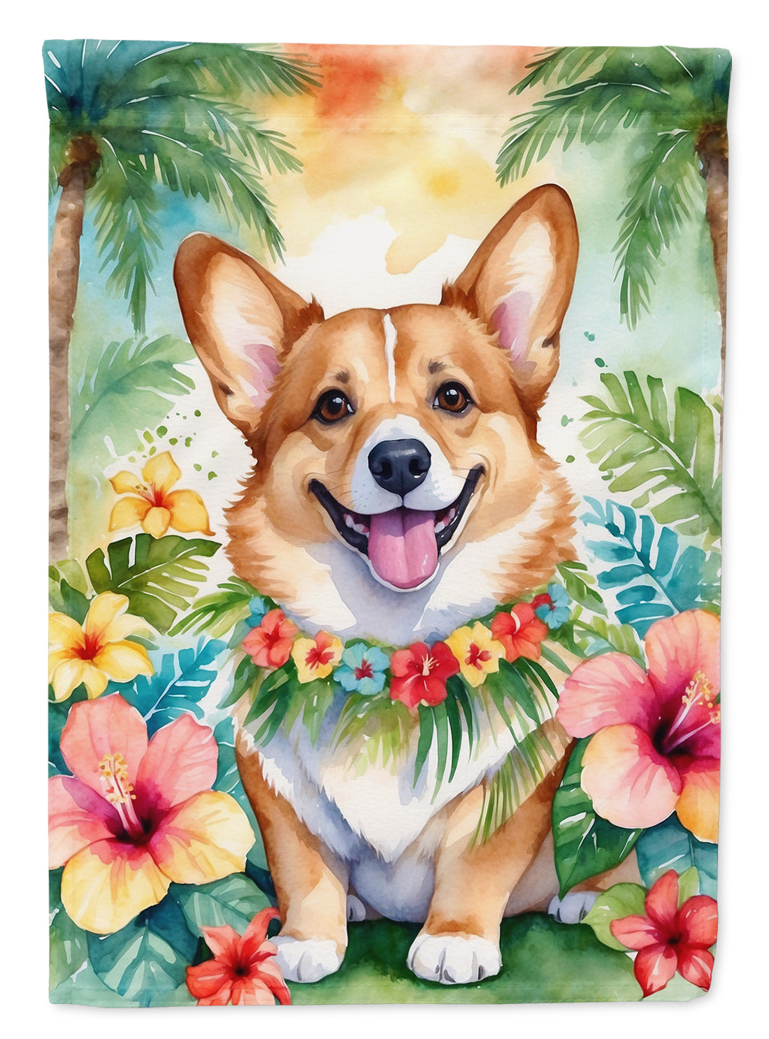 Corgi Luau House Flag 28x40 Porch Sleeve Pole Decorative Outside Yard Banner Artwork Wall Hanging, Polyester