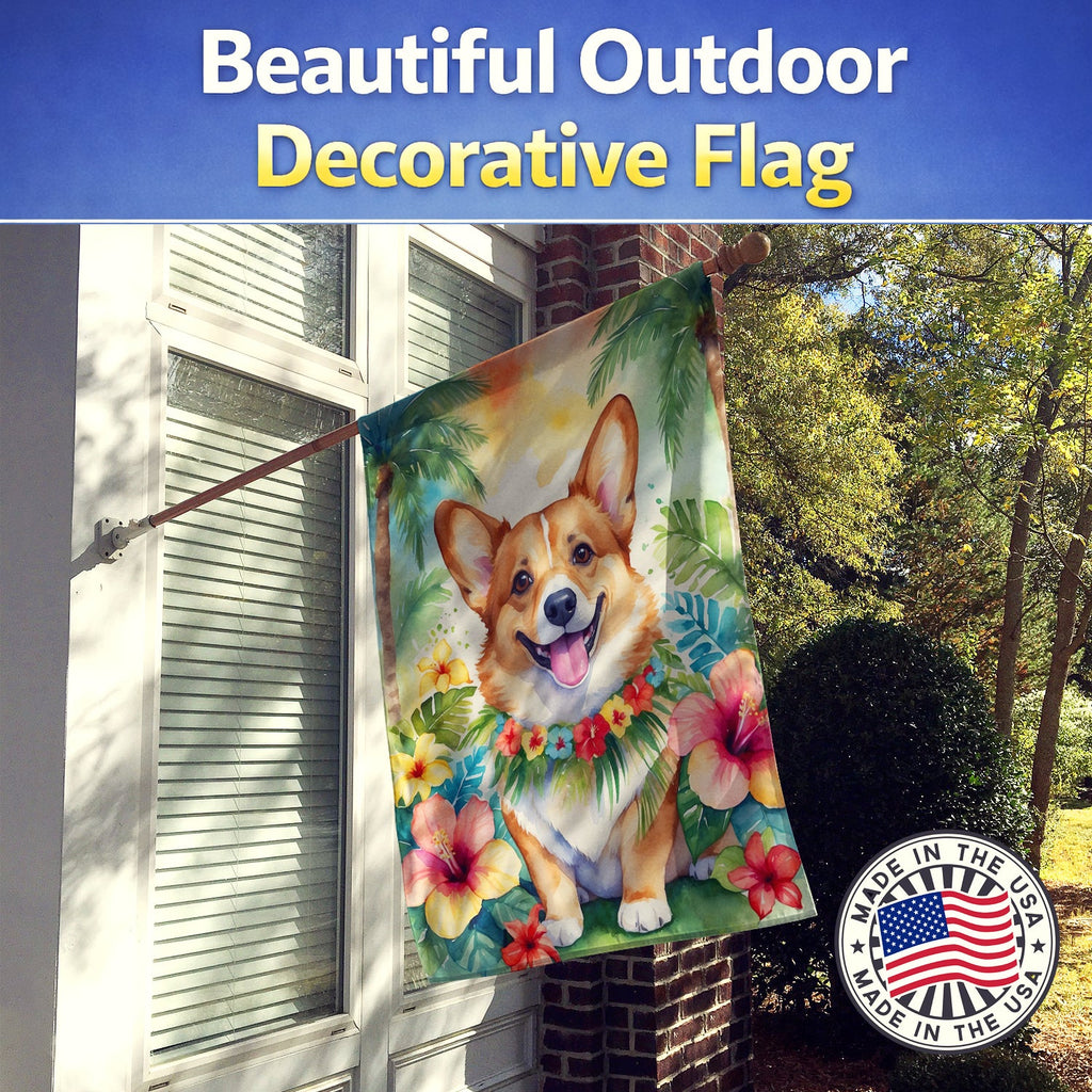 Corgi Luau House Flag 28x40 Porch Sleeve Pole Decorative Outside Yard Banner Artwork Wall Hanging, Polyester
