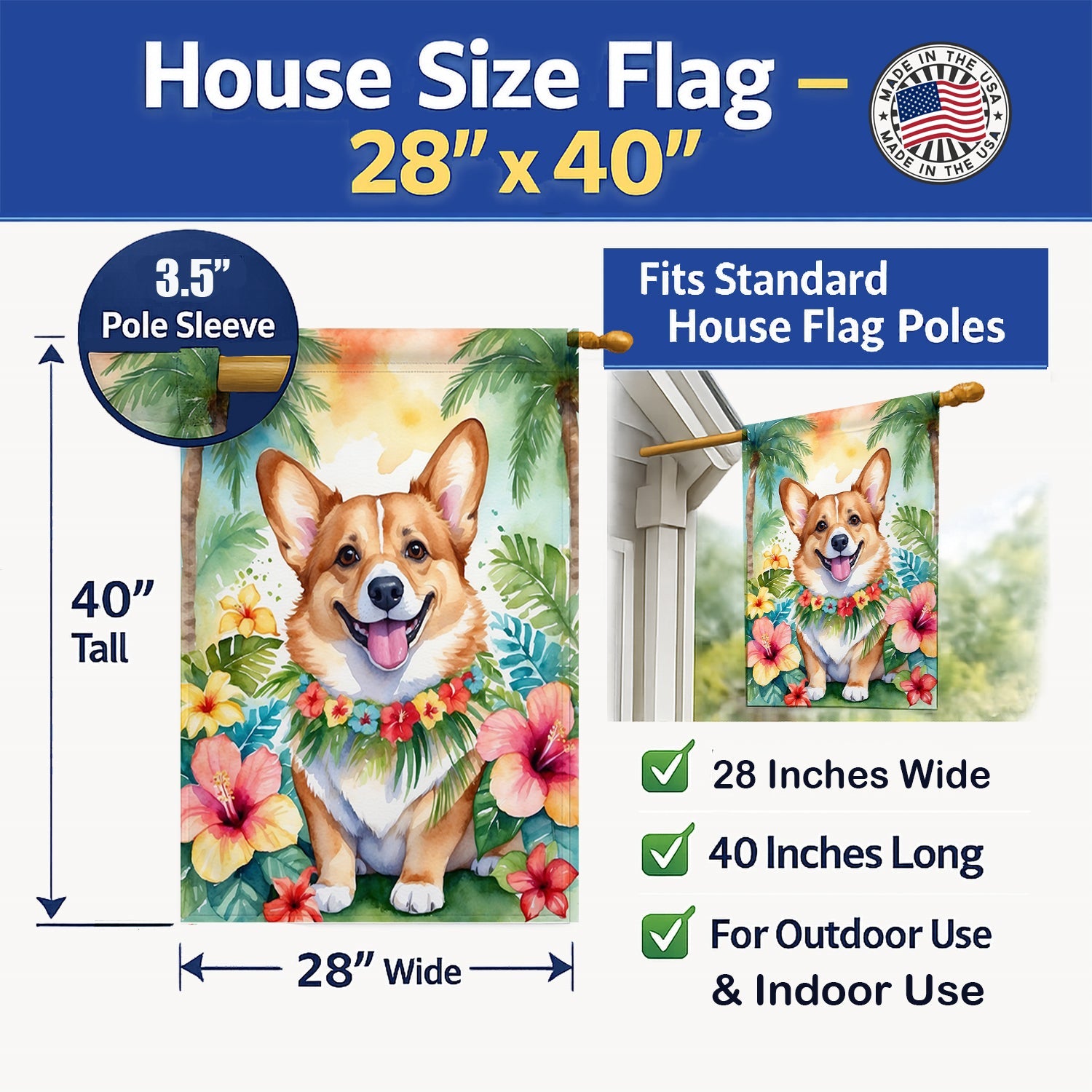 Corgi Luau House Flag 28x40 Porch Sleeve Pole Decorative Outside Yard Banner Artwork Wall Hanging, Polyester