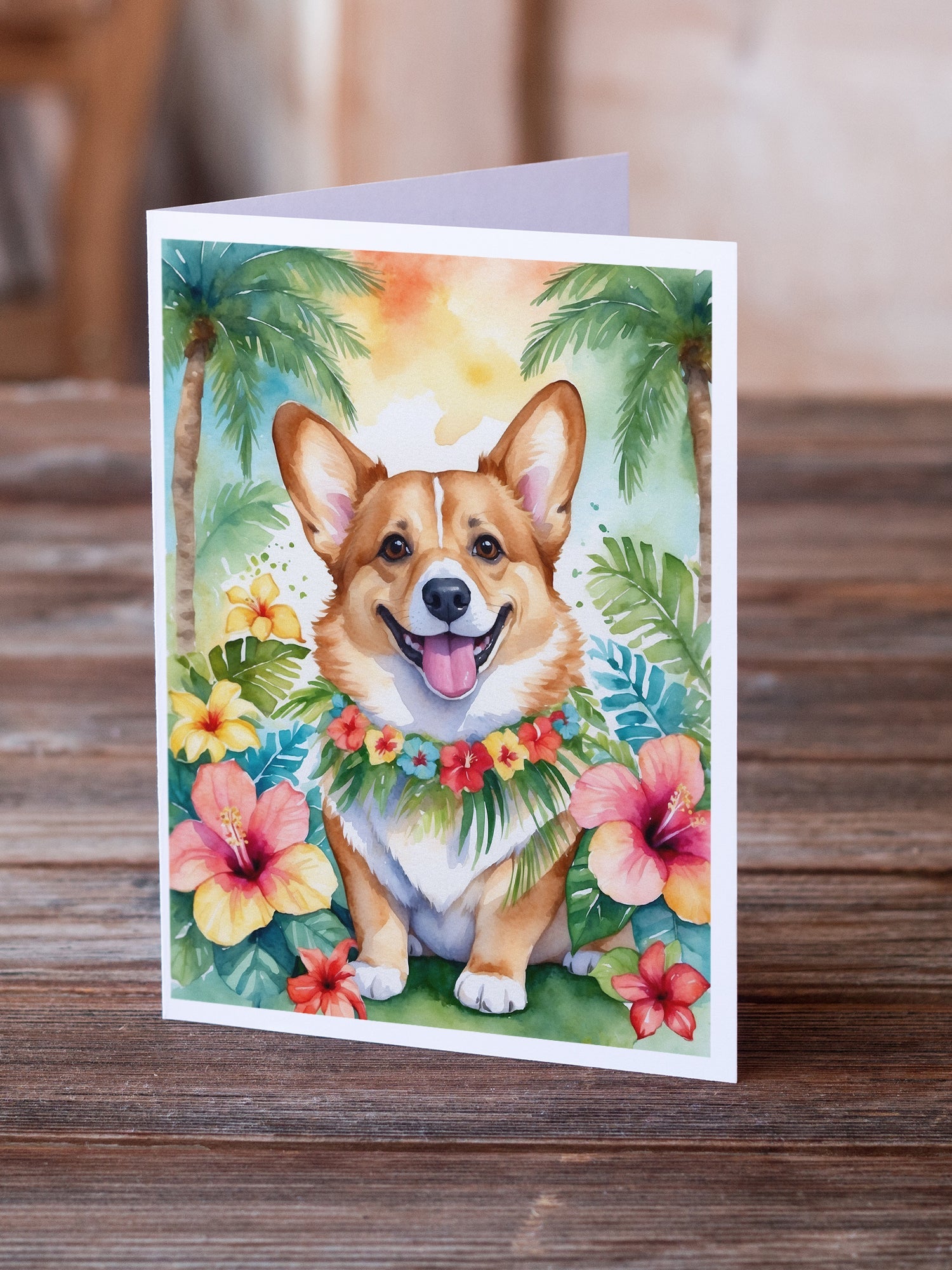 Corgi Luau Greeting Cards Pack of 8 Blank Cards with Envelopes Whimsical A7 Size 5x7