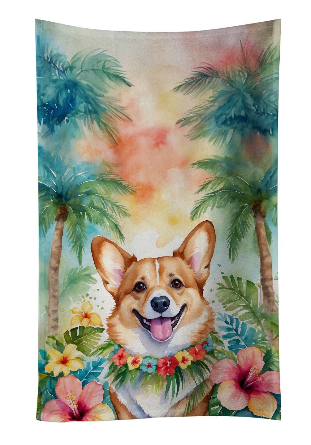 Corgi Luau Kitchen Towel Velour Plush Front and Cotton Loop Back Machine Washable