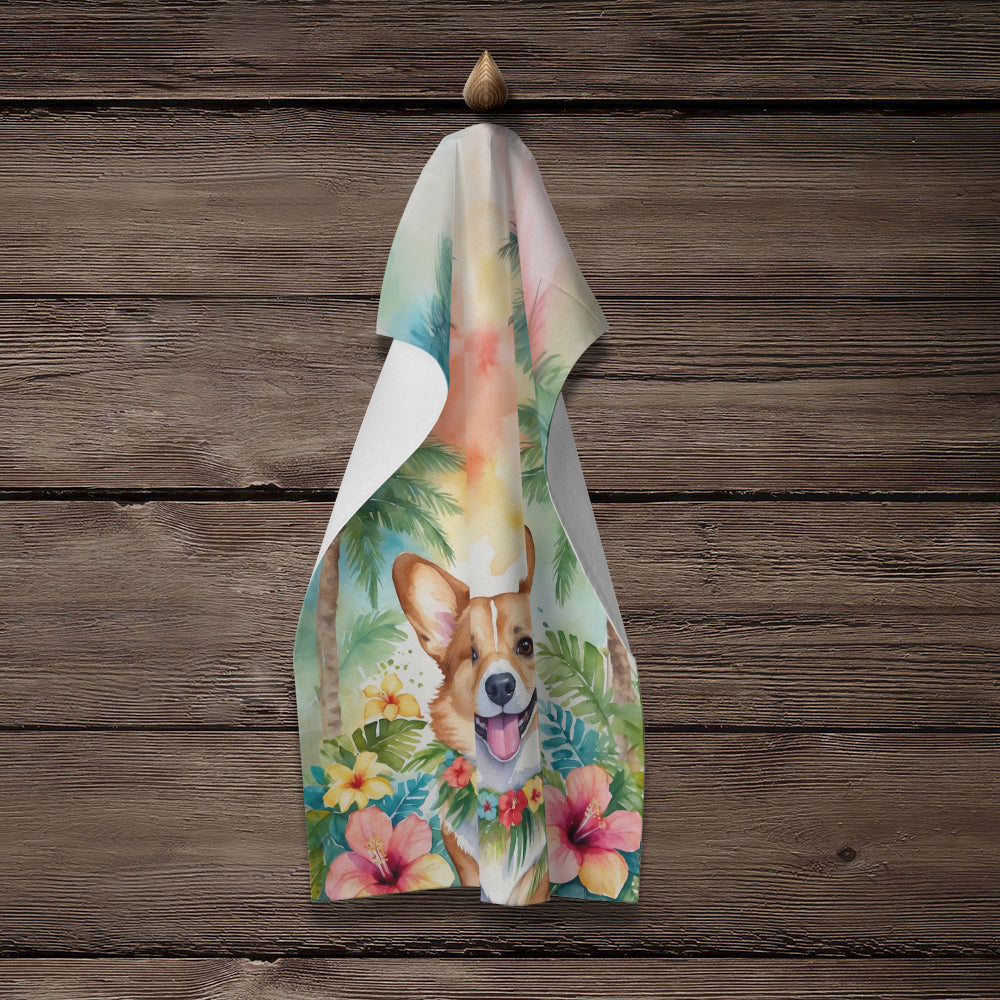 Corgi Luau Kitchen Towel Velour Plush Front and Cotton Loop Back Machine Washable