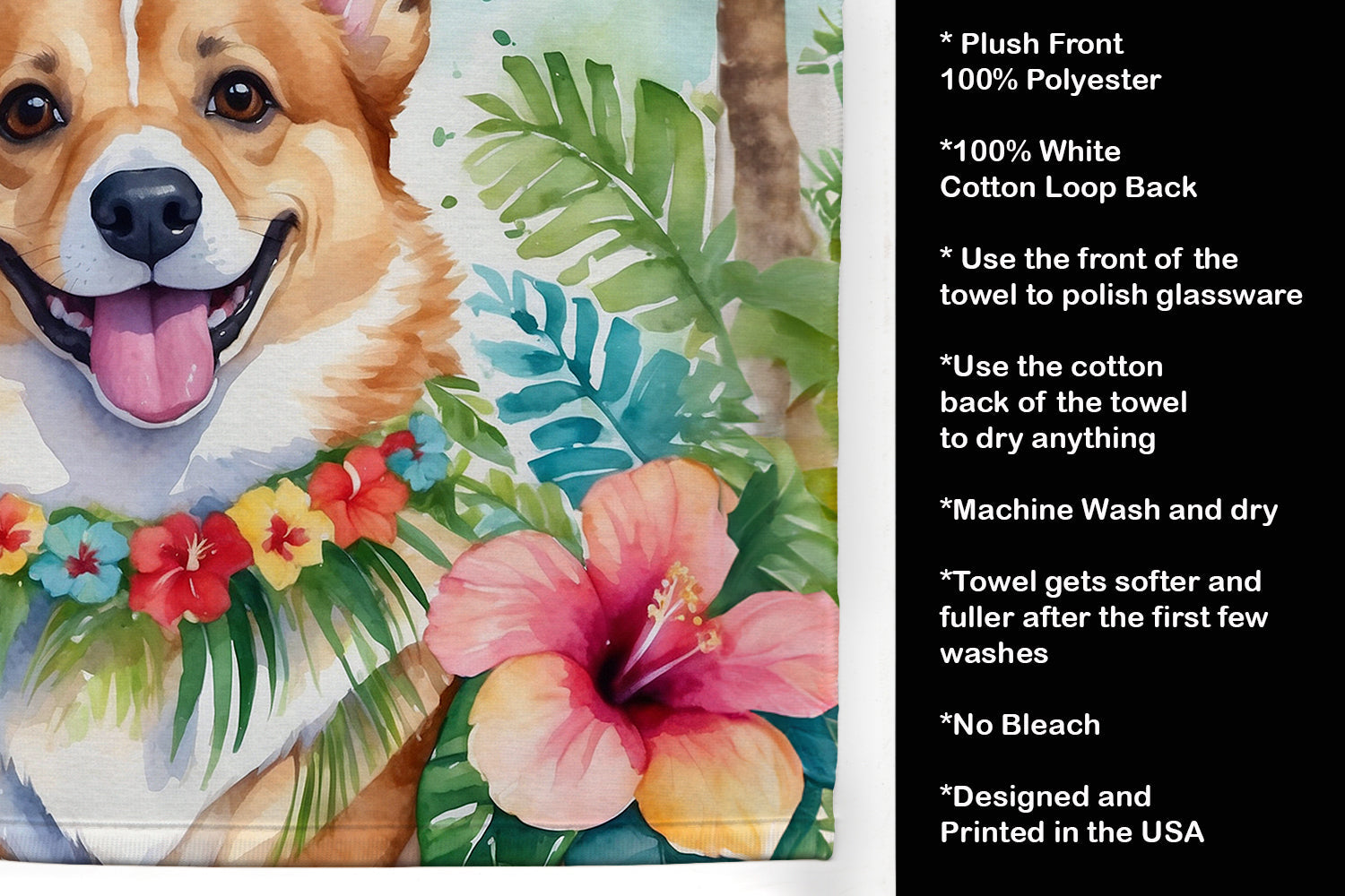 Corgi Luau Kitchen Towel Velour Plush Front and Cotton Loop Back Machine Washable