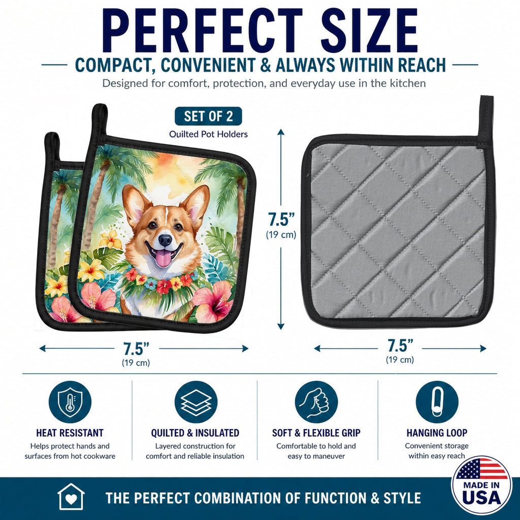 Corgi Luau Pot Holder Set of 2 Heat Resistant Quilted Hot Pads 7.5 x 7.5 Inch, Insulated Kitchen Trivets for Cooking & Baking