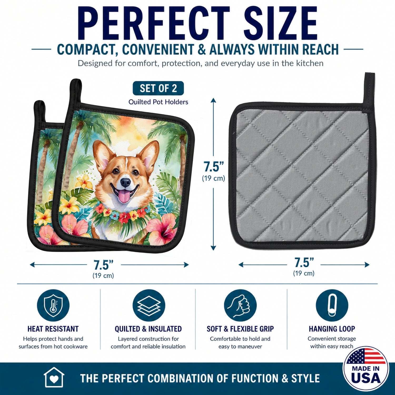 Corgi Luau Pot Holder Set of 2 Heat Resistant Quilted Hot Pads 7.5 x 7.5 Inch, Insulated Kitchen Trivets for Cooking & Baking