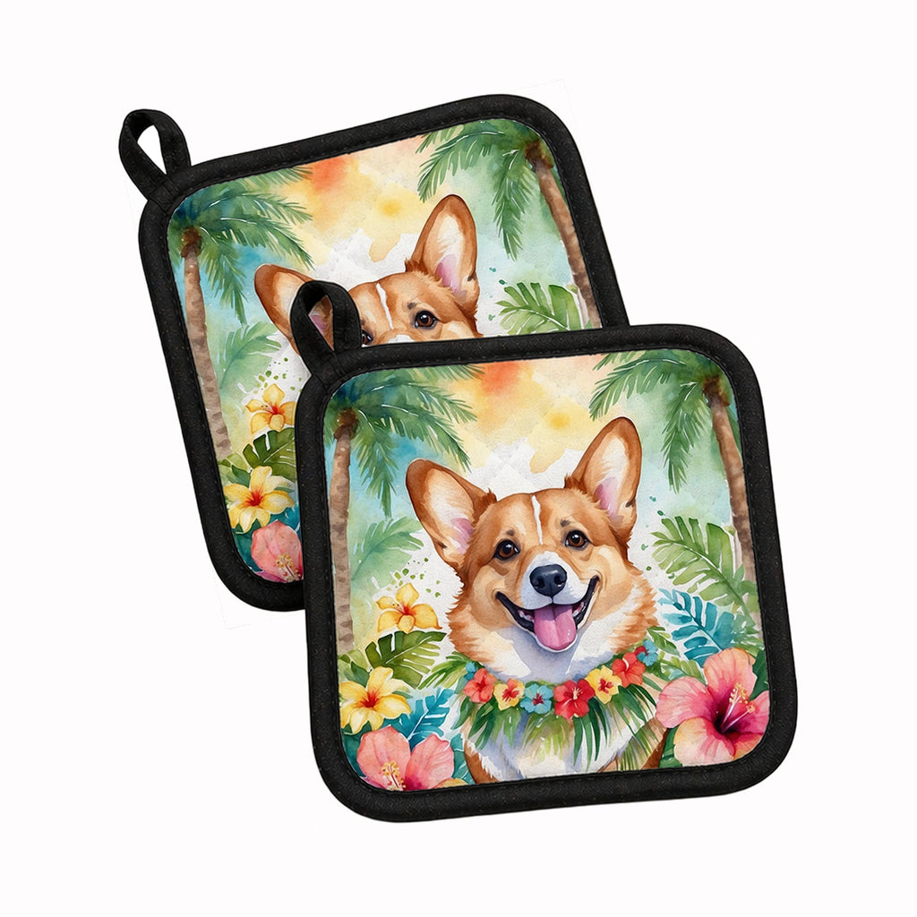 Corgi Luau Pot Holder Set of 2 Heat Resistant Quilted Hot Pads 7.5 x 7.5 Inch, Insulated Kitchen Trivets for Cooking & Baking