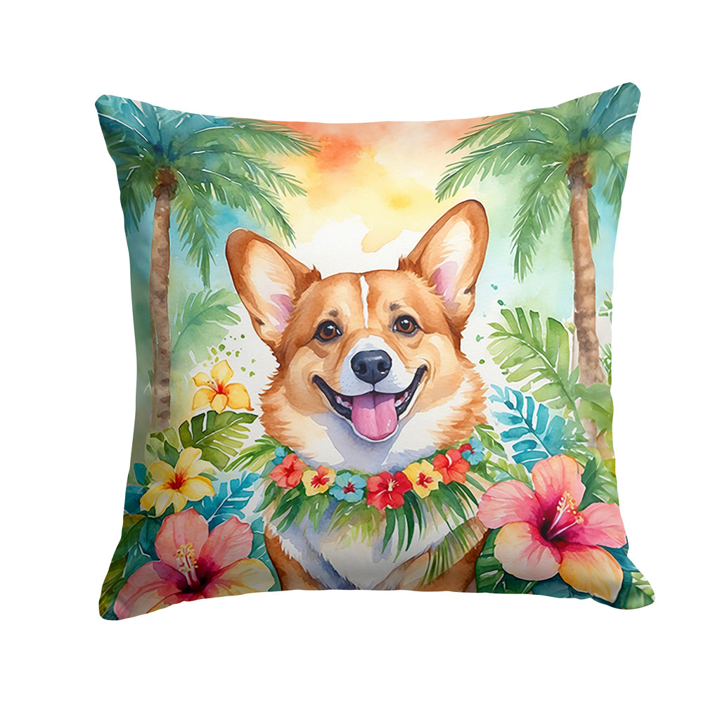 Corgi Luau Decorative Throw Pillow 14x14 Indoor Outdoor Accent Cushion, Fabric Cover with Insert for Sofa, Bed, Porch & Living Room