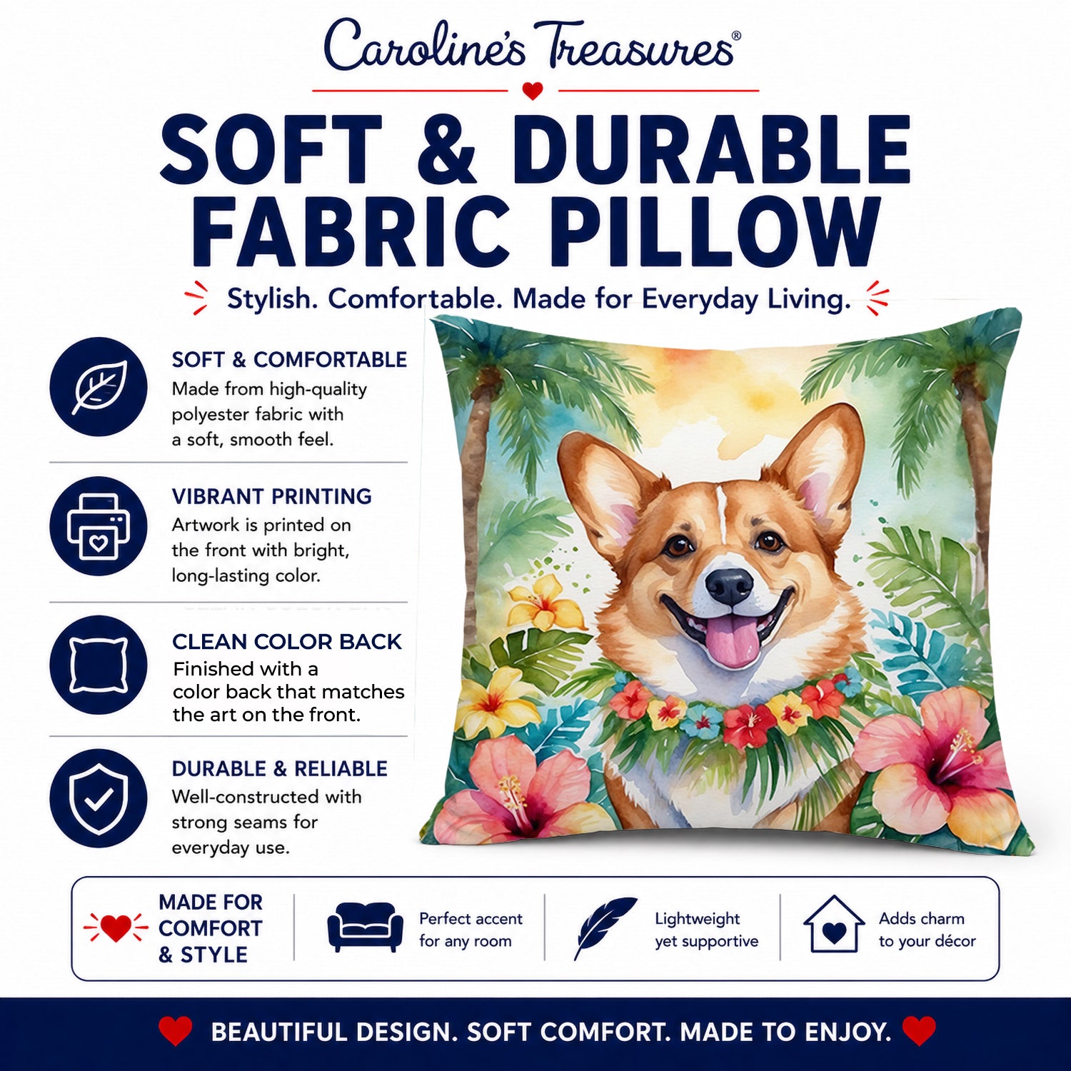 Corgi Luau Decorative Throw Pillow 14x14 Indoor Outdoor Accent Cushion, Fabric Cover with Insert for Sofa, Bed, Porch & Living Room