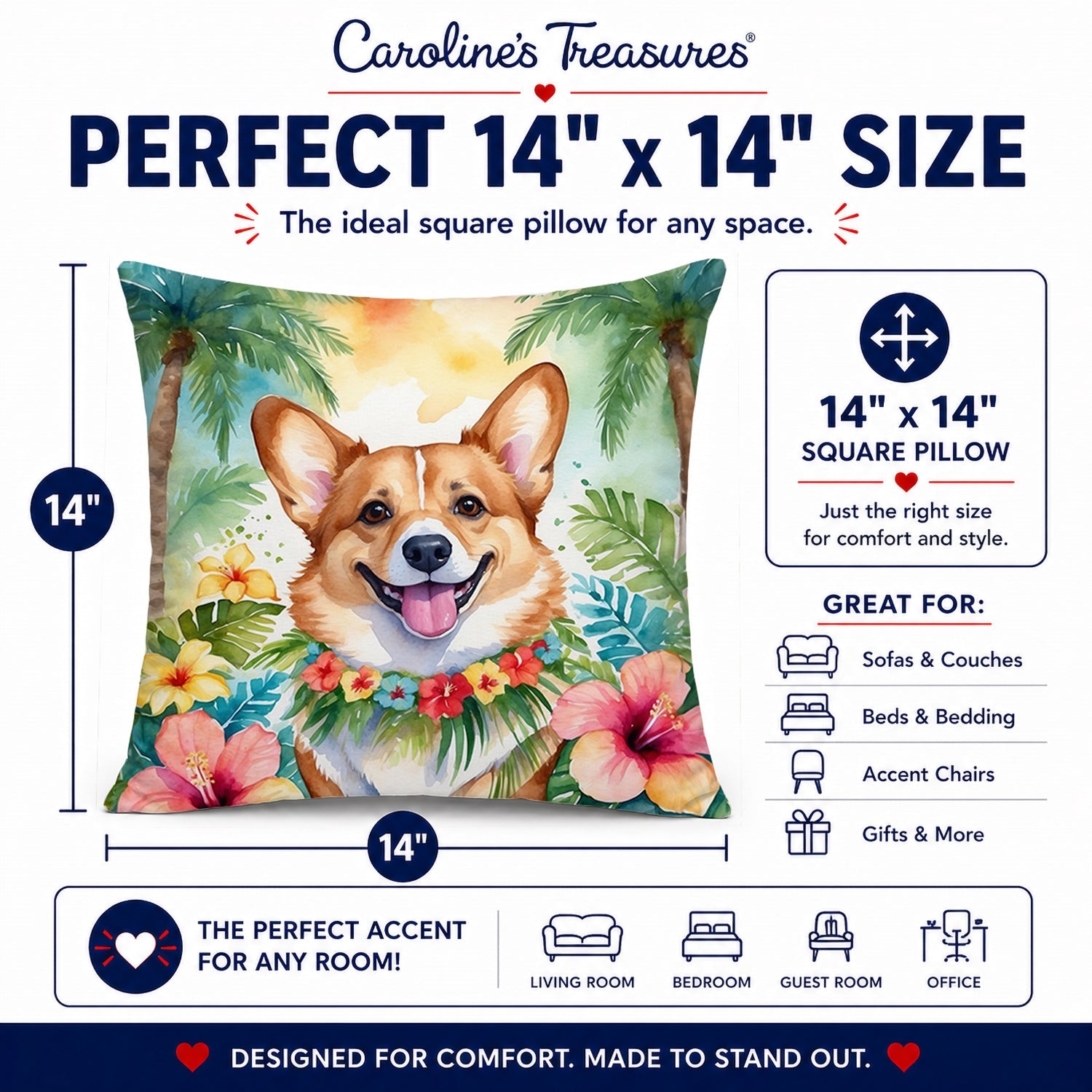 Corgi Luau Decorative Throw Pillow 14x14 Indoor Outdoor Accent Cushion, Fabric Cover with Insert for Sofa, Bed, Porch & Living Room