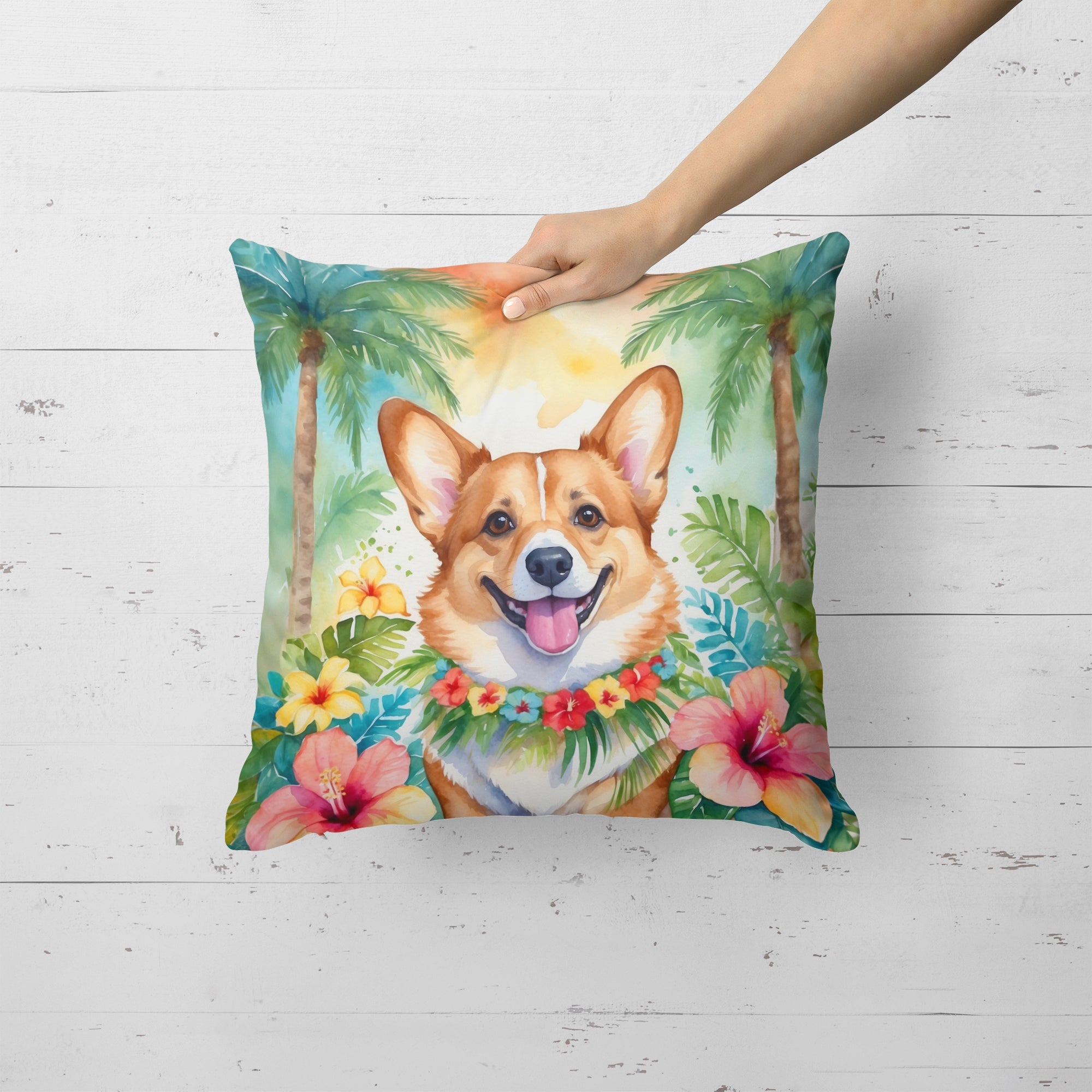 Corgi Luau Decorative Throw Pillow 18x18 Indoor Outdoor Accent Cushion, Fabric Cover with Insert for Sofa, Bed, Porch & Living Room